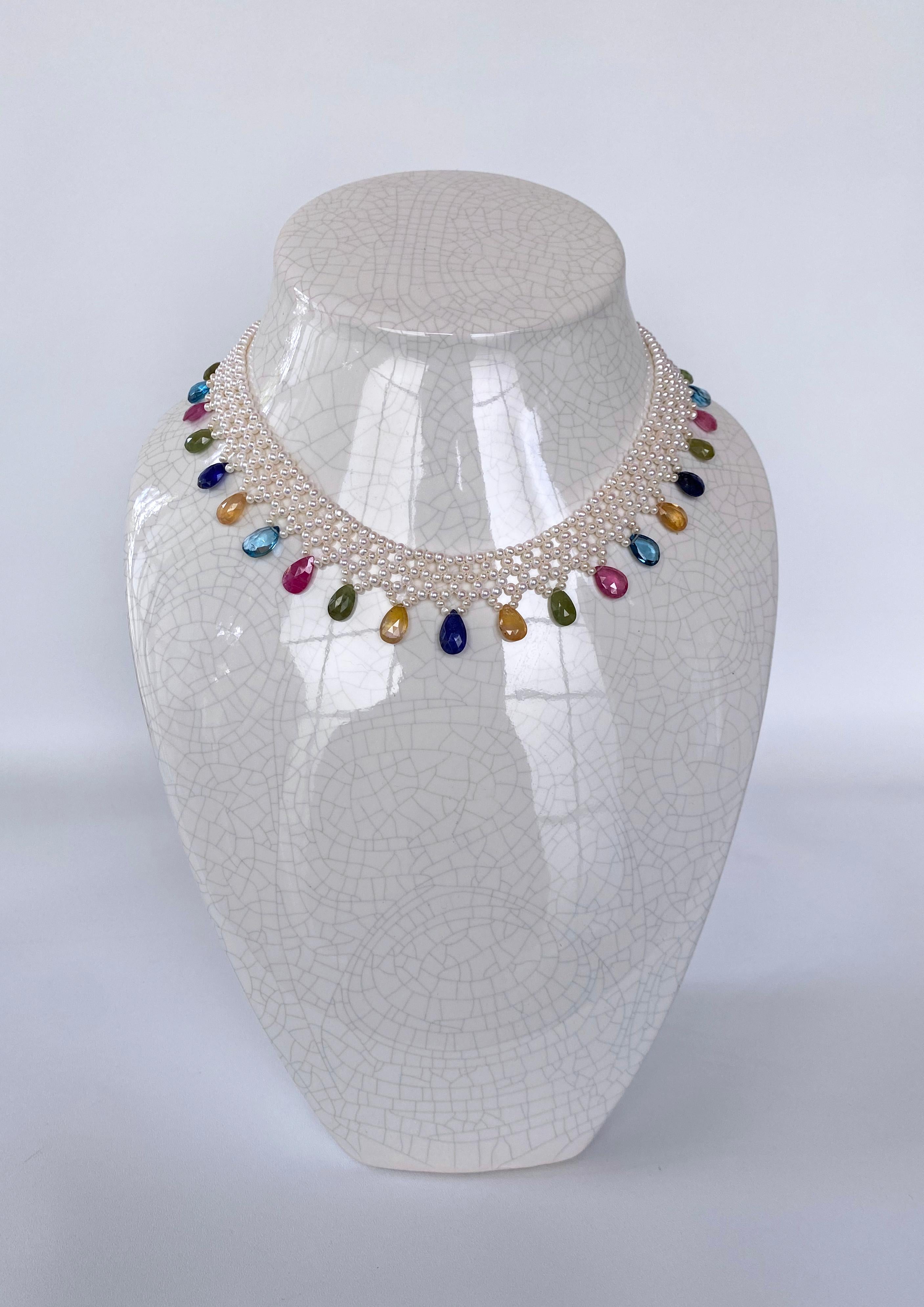 Marina J. Pearl Woven Necklace w Multi Semi Precious Stones and 14k Yellow Gold For Sale 2