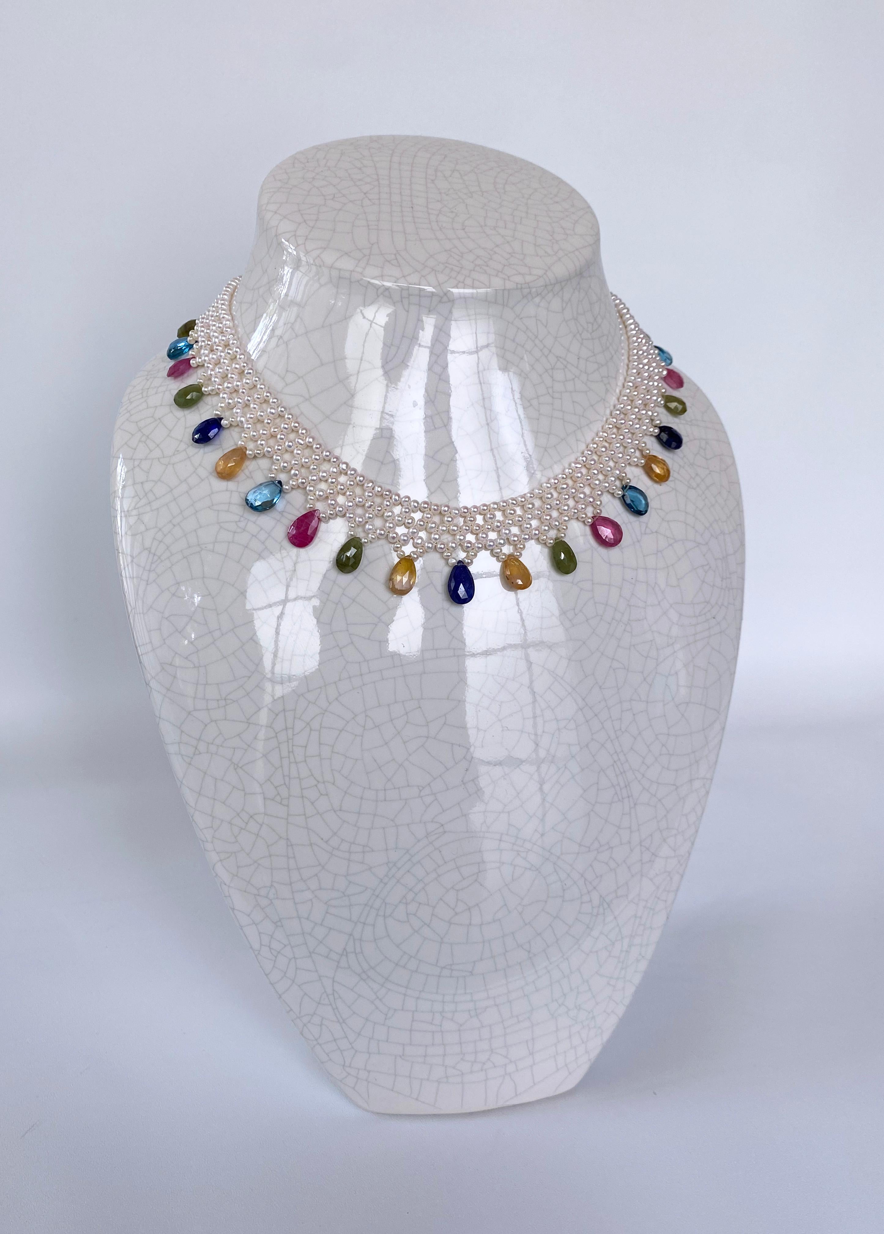Marina J. Pearl Woven Necklace w Multi Semi Precious Stones and 14k Yellow Gold For Sale 3