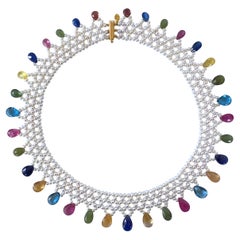 Marina J. Pearl Woven Necklace w Multi Semi Precious Stones and 14k Yellow Gold