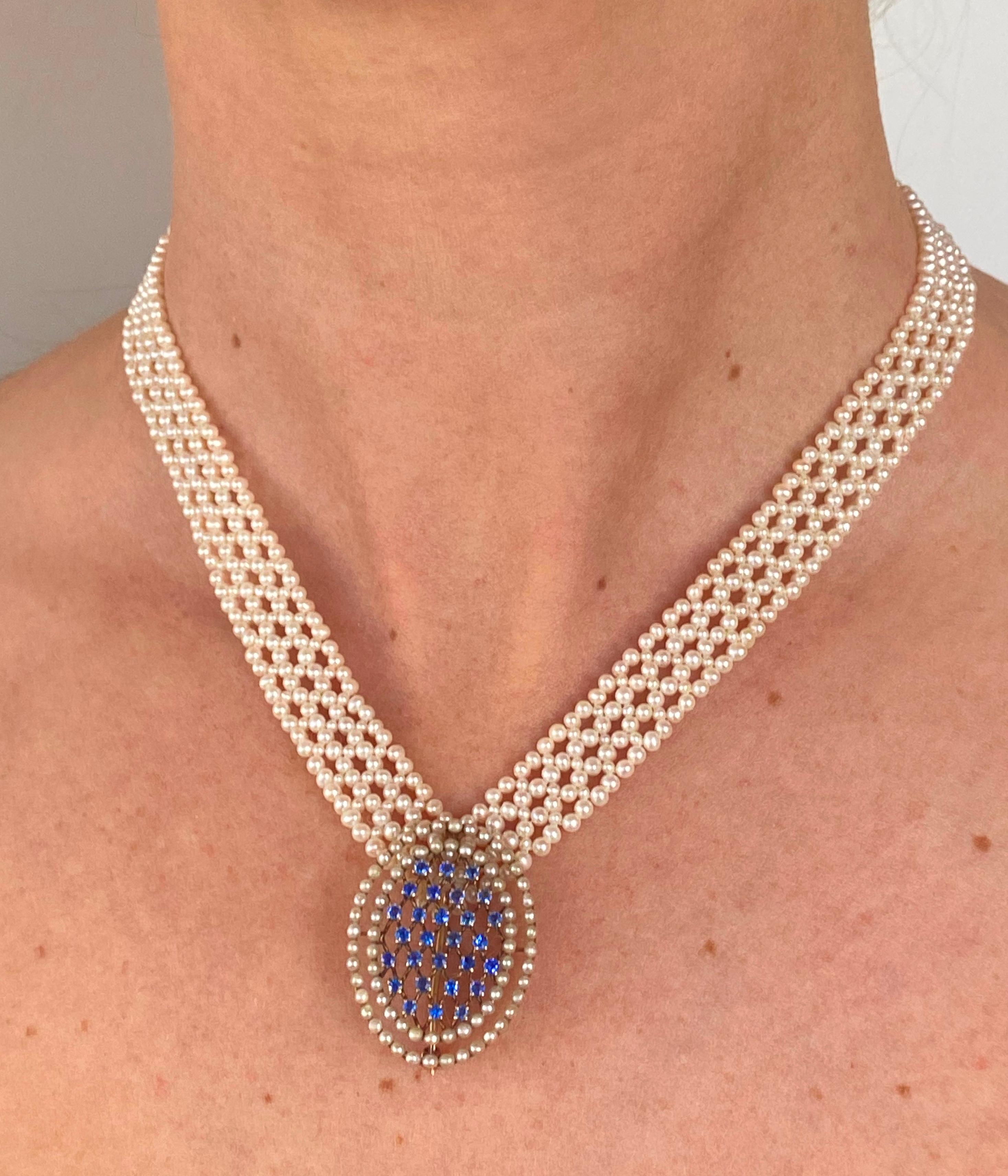 Artisan Marina J. Pearl woven Necklace with 14k Vintage Blue Sapphire & Pearl Brooch For Sale