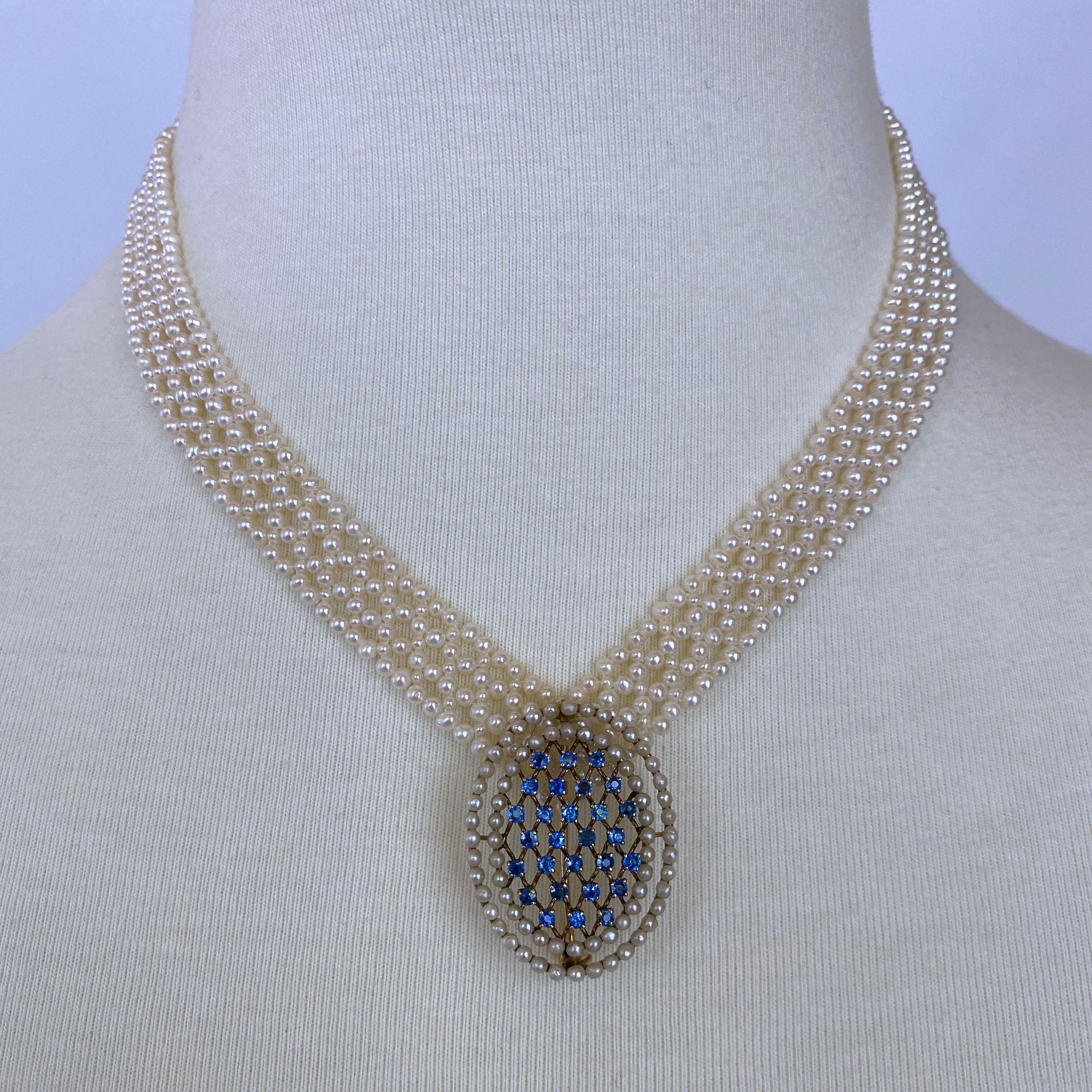Marina J. Collier tissé en perles avec broche vintage en saphir bleu 14 carats et perles en vente 1