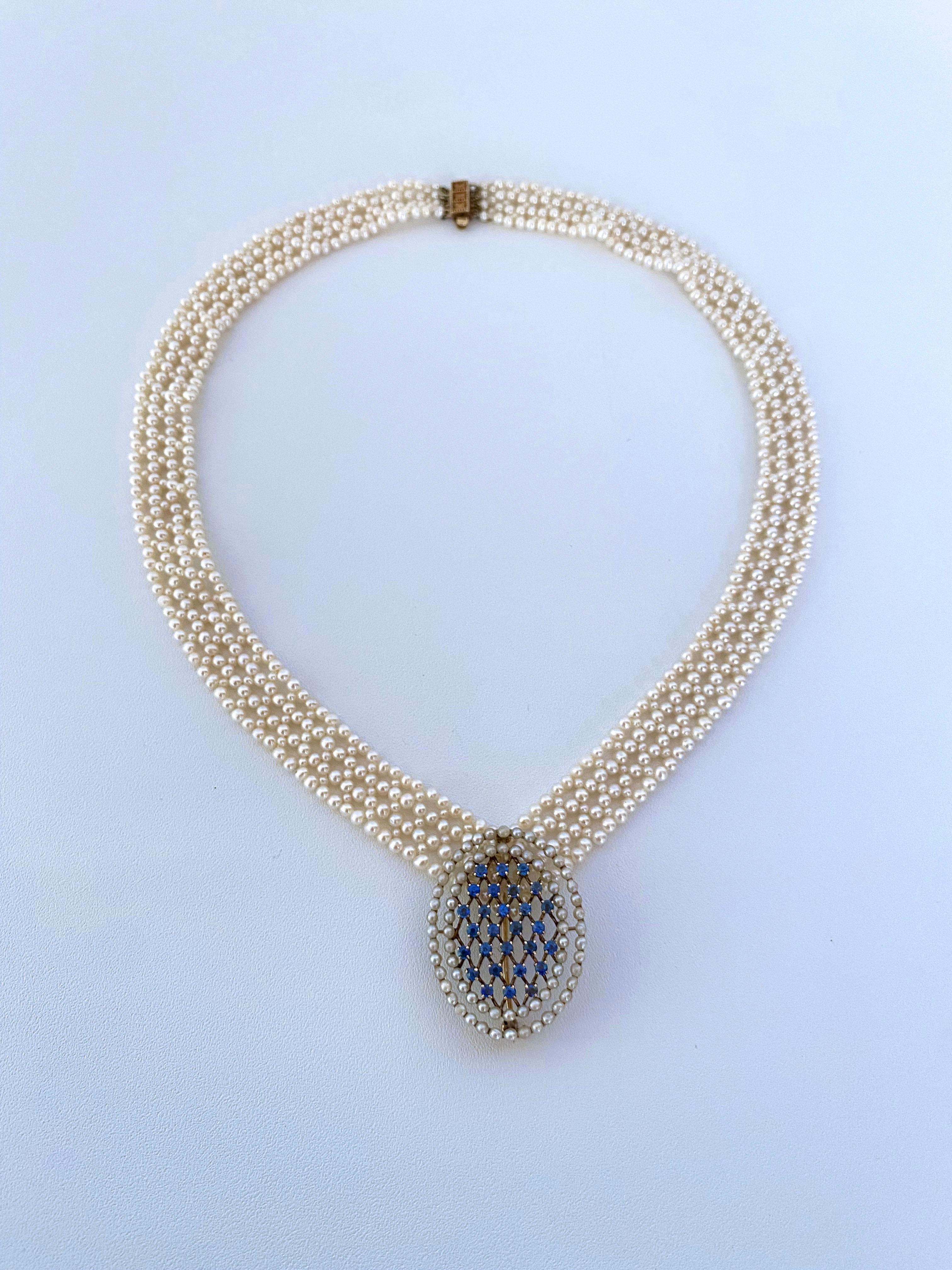 Marina J. Pearl woven Necklace with 14k Vintage Blue Sapphire & Pearl Brooch For Sale 3