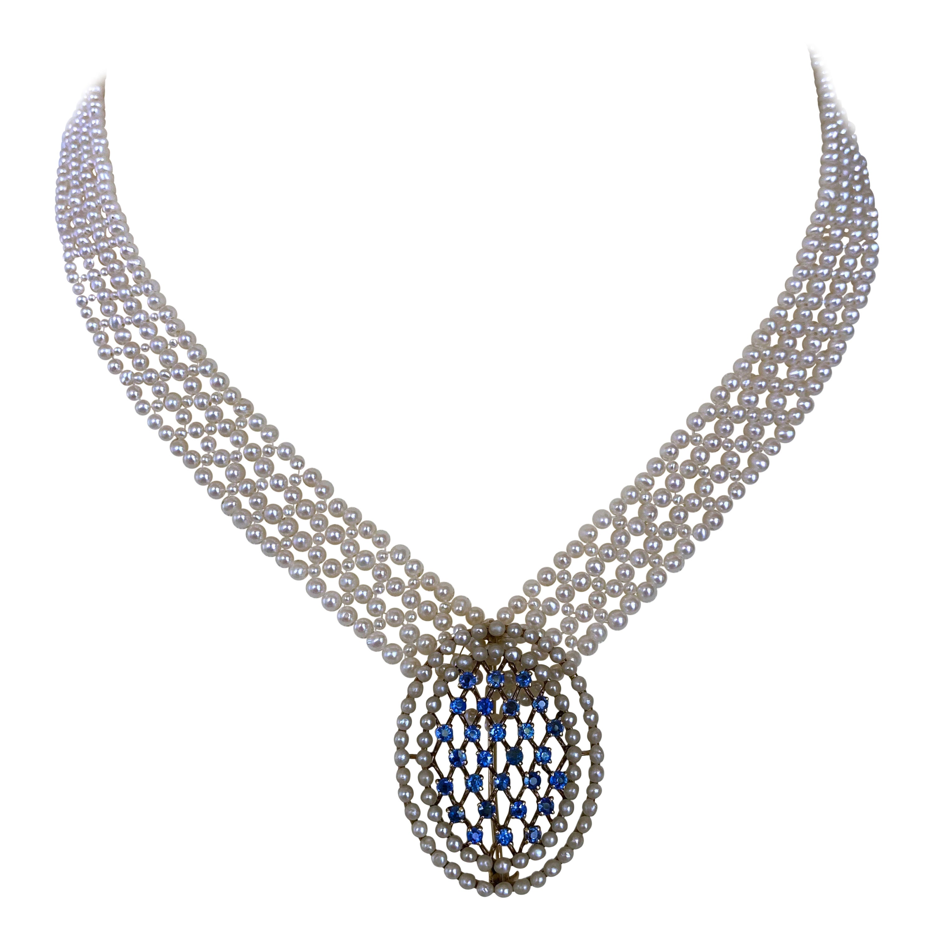Marina J. Perlen geflochtene Halskette mit 14k Vintage Blauer Saphir & Perlen Brosche im Angebot