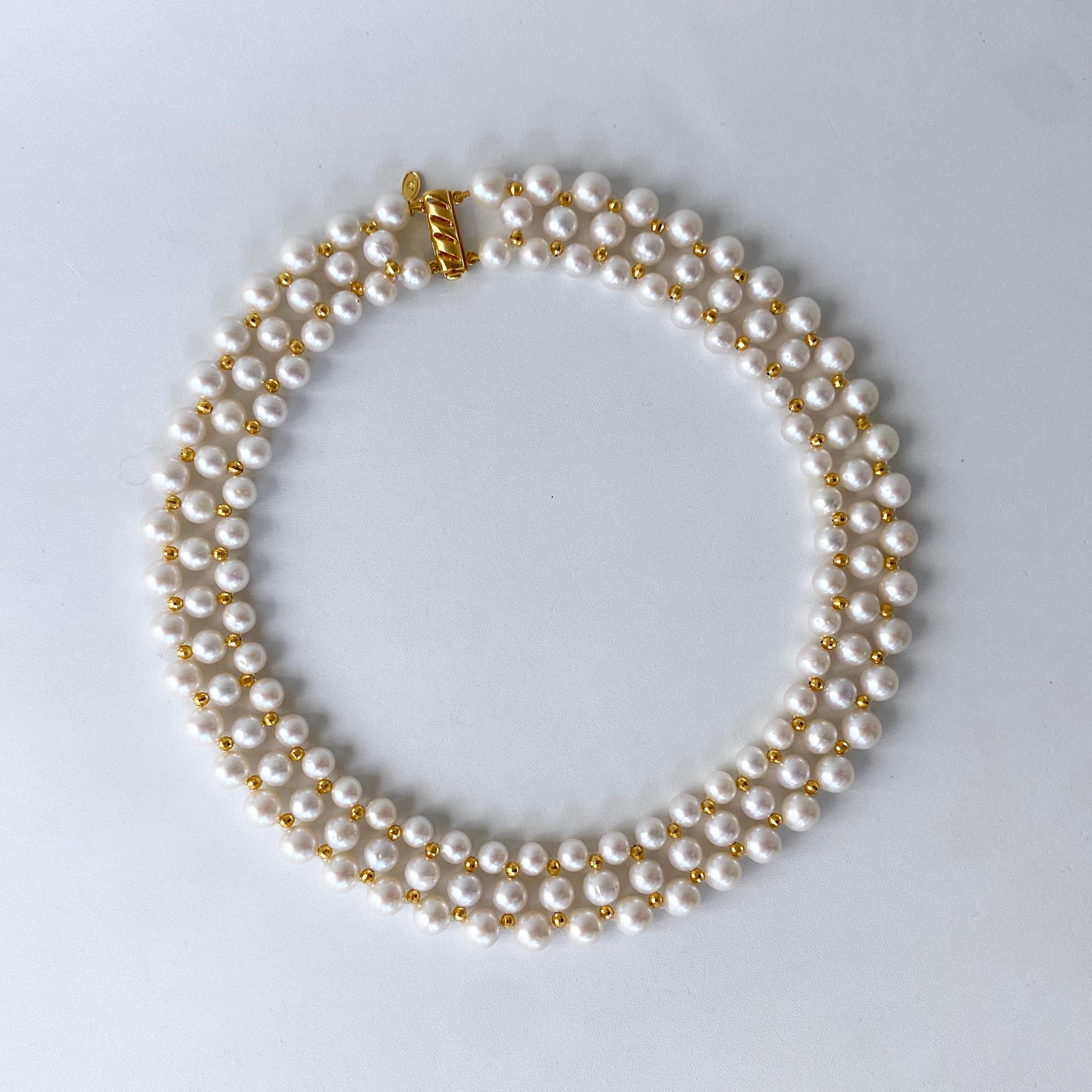 Gorgeous Pearl Woven necklace adorned by 14k Yellow Gold Plated - Silver Faceted beads. Three strands of Pearls, graduating in size, are woven together into a soft Lace design, inspired by old world jewelry. Faceted 14k Yellow Gold Plated - Silver
