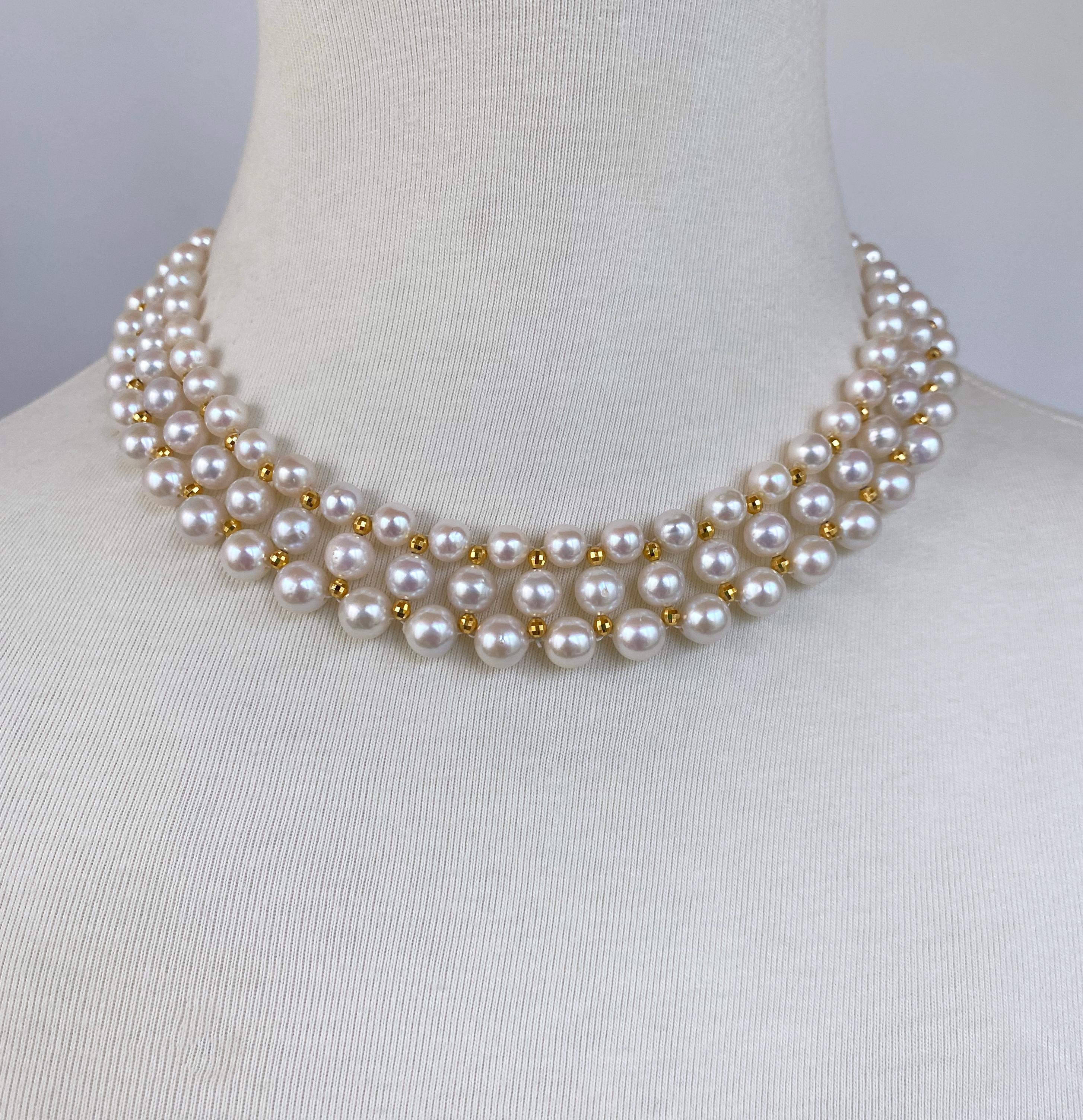 Artisan Marina J. Pearl Woven Necklace with 14k Yellow Gold Faceted Findings & Clasp For Sale