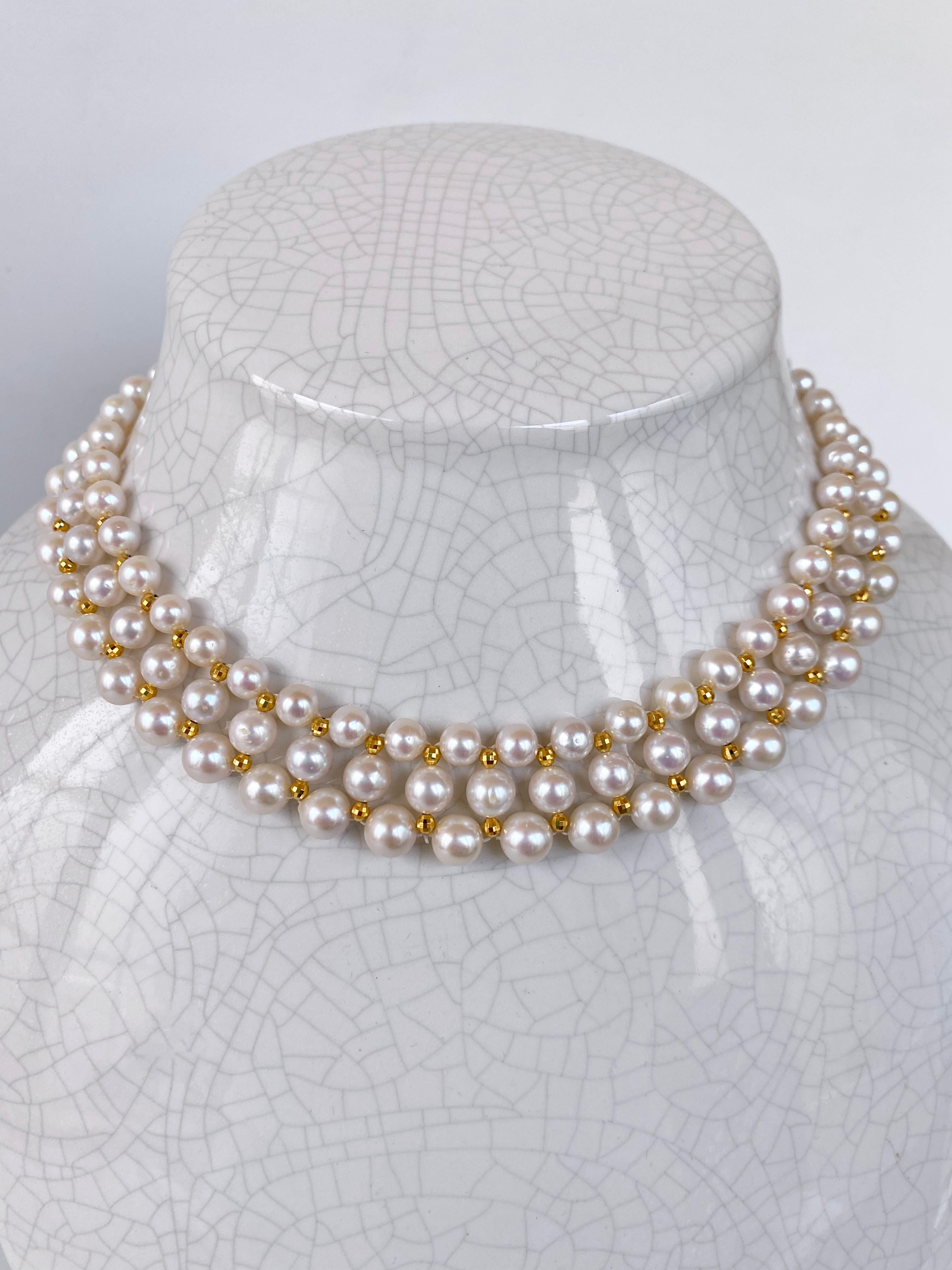 Marina J. Pearl Woven Necklace with 14k Yellow Gold Faceted Findings & Clasp In New Condition For Sale In Los Angeles, CA