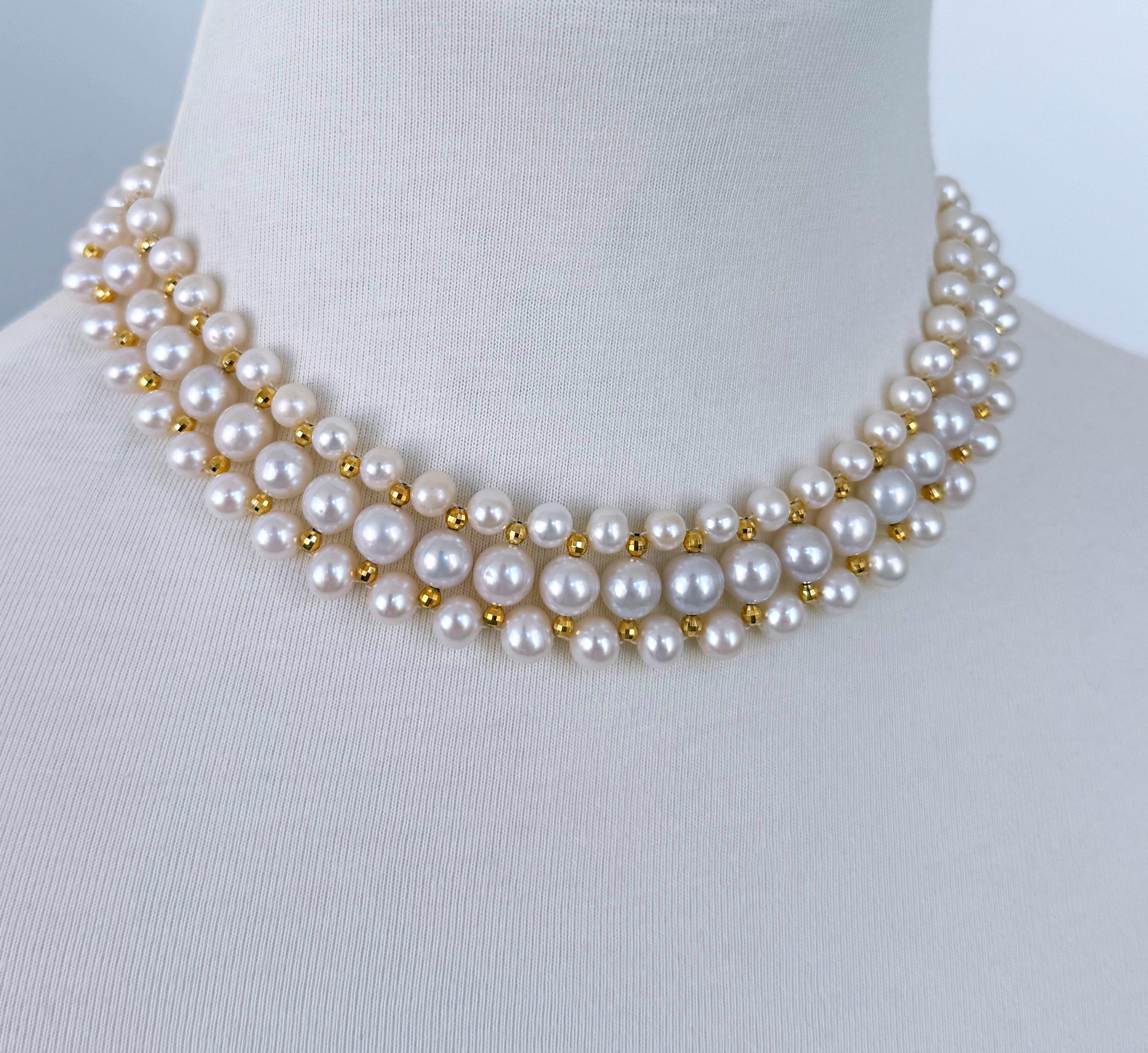 Gorgeous Pearl Woven necklace adorned by 14k Yellow Gold Plated - Silver Faceted beads. Three strands of Pearls, graduating in size, are woven together into a soft Lace design, inspired by old world jewelry. Faceted 14k Yellow Gold Plated - Silver