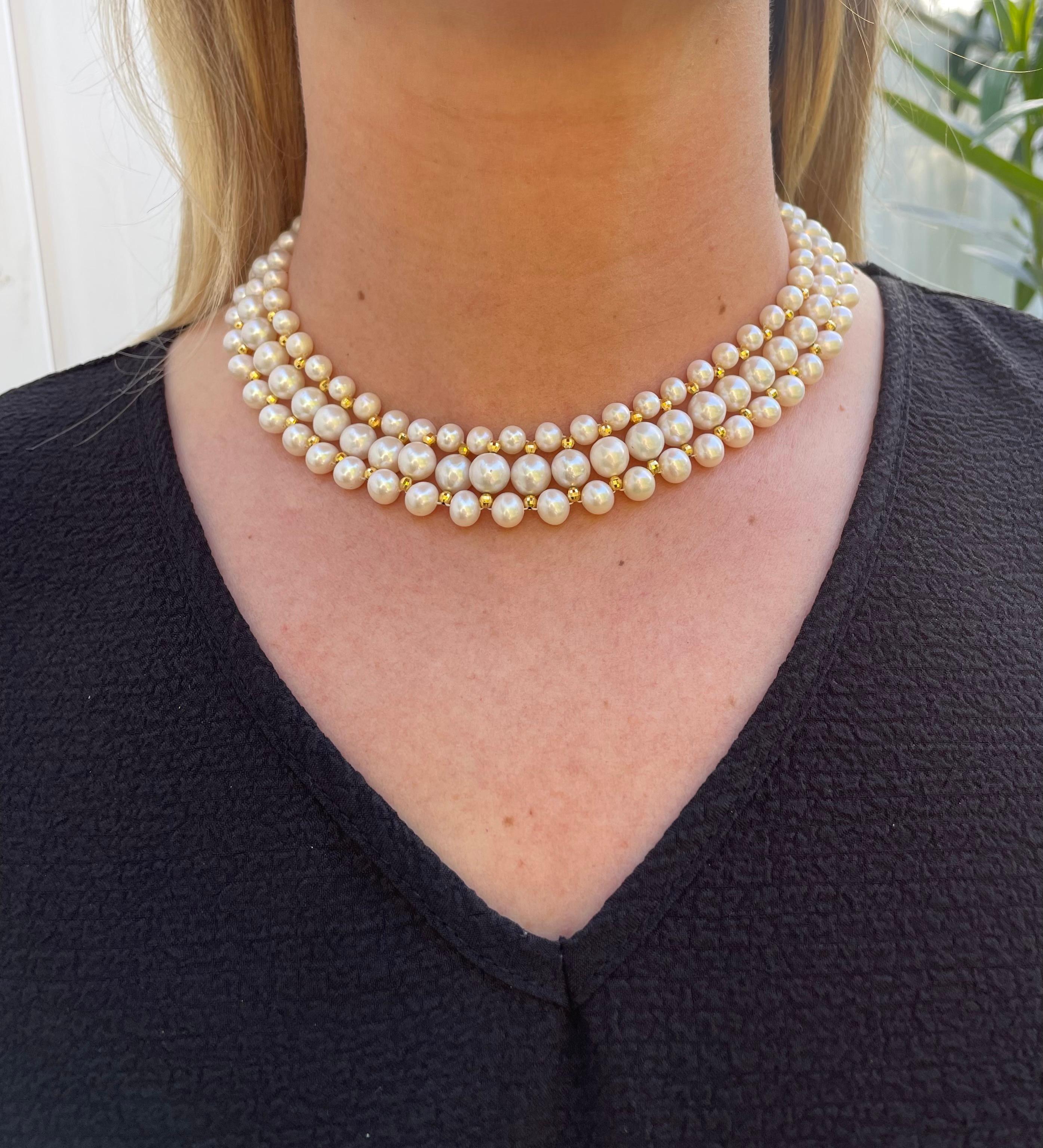 Artisan Marina J. Pearl Woven Necklace with 18k Plated Faceted Beads For Sale