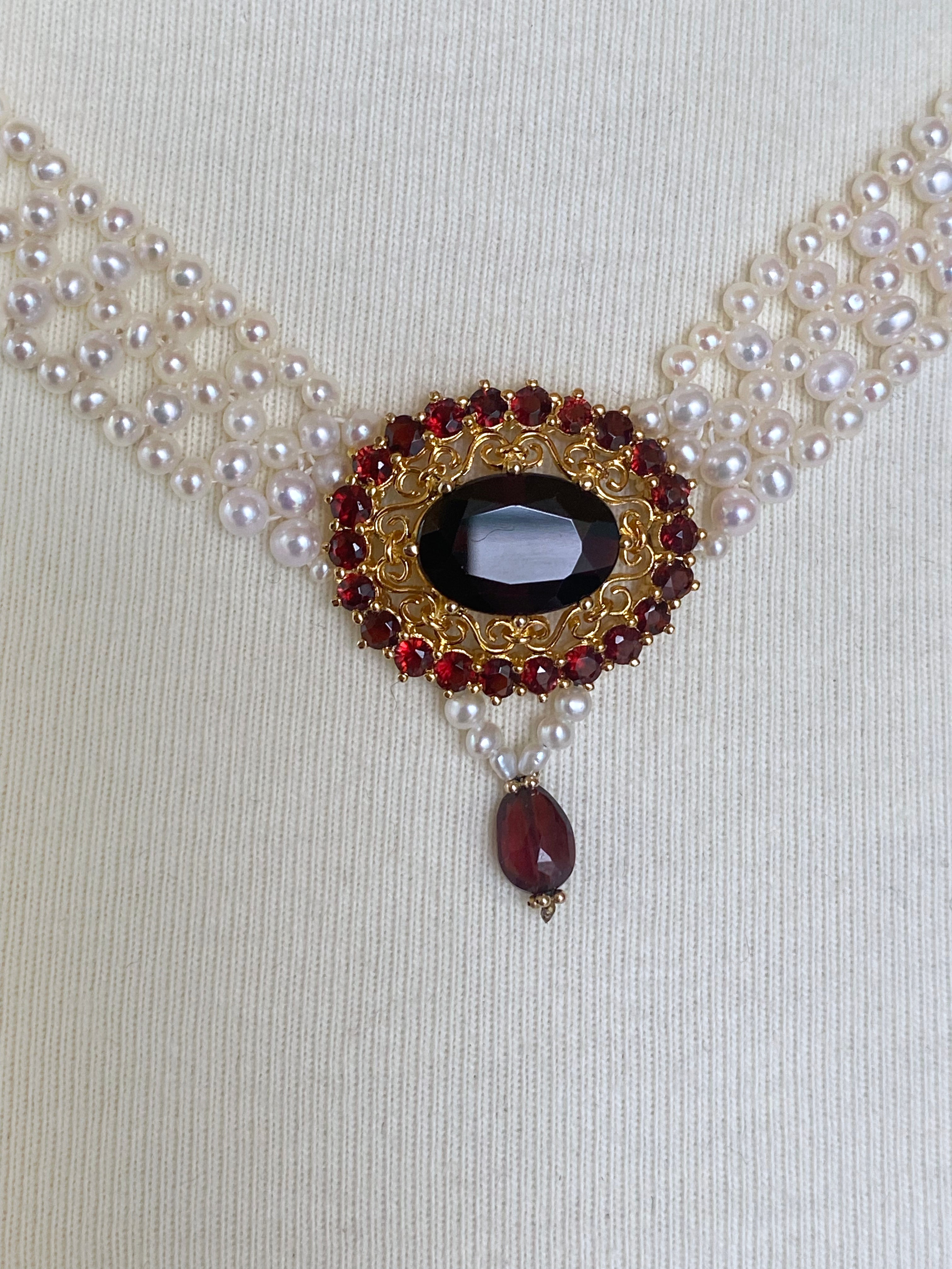 Artisan Marina J. Pearl Woven Necklace with Gold Plated Vintage Garnet Brooch