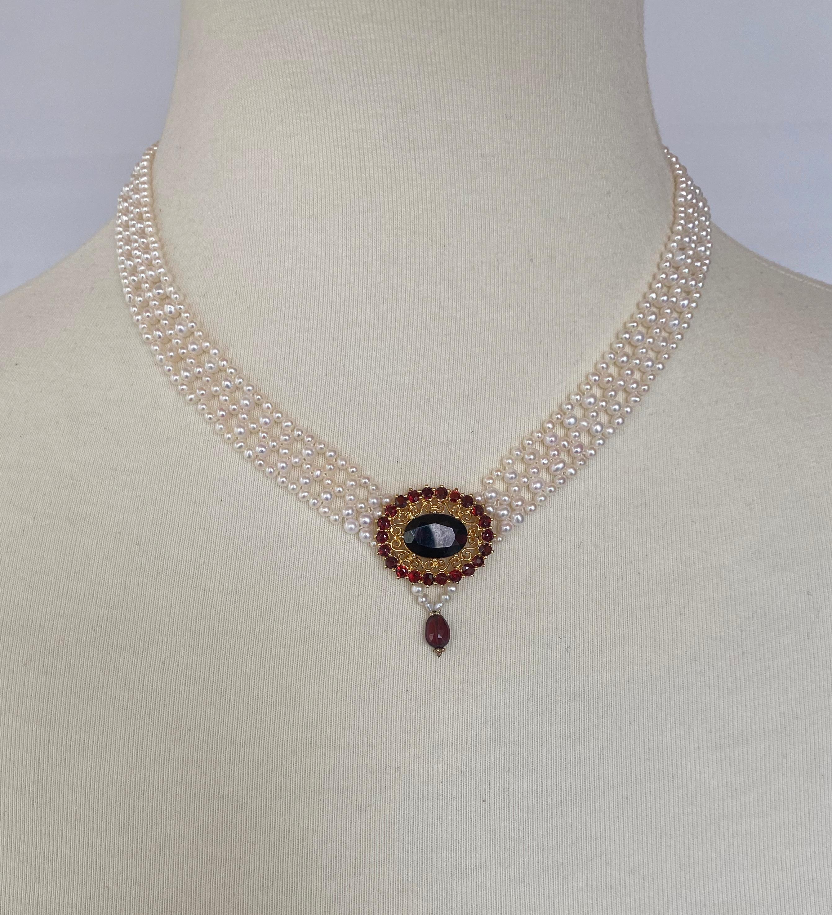 Bead Marina J. Pearl Woven Necklace with Gold Plated Vintage Garnet Brooch