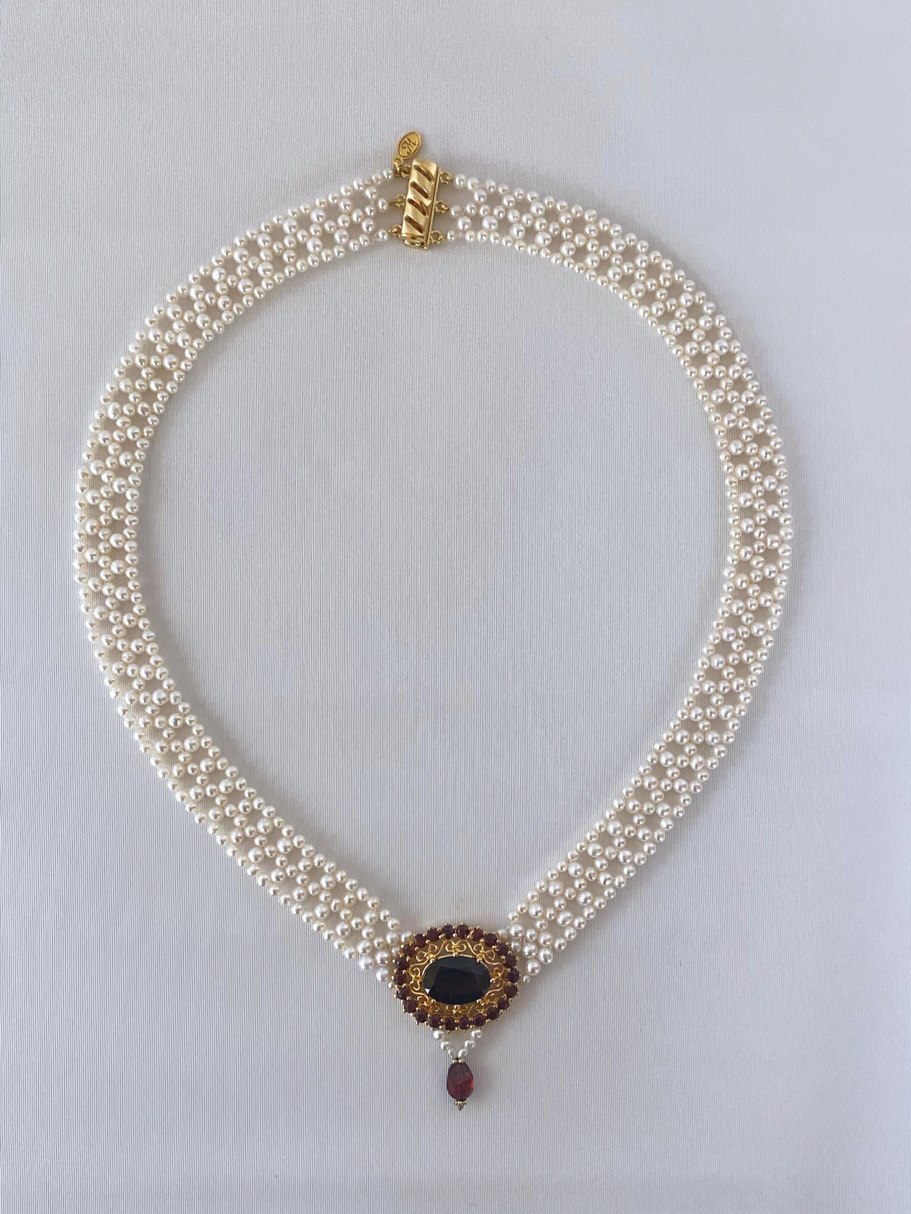 Women's Marina J. Pearl Woven Necklace with Gold Plated Vintage Garnet Brooch