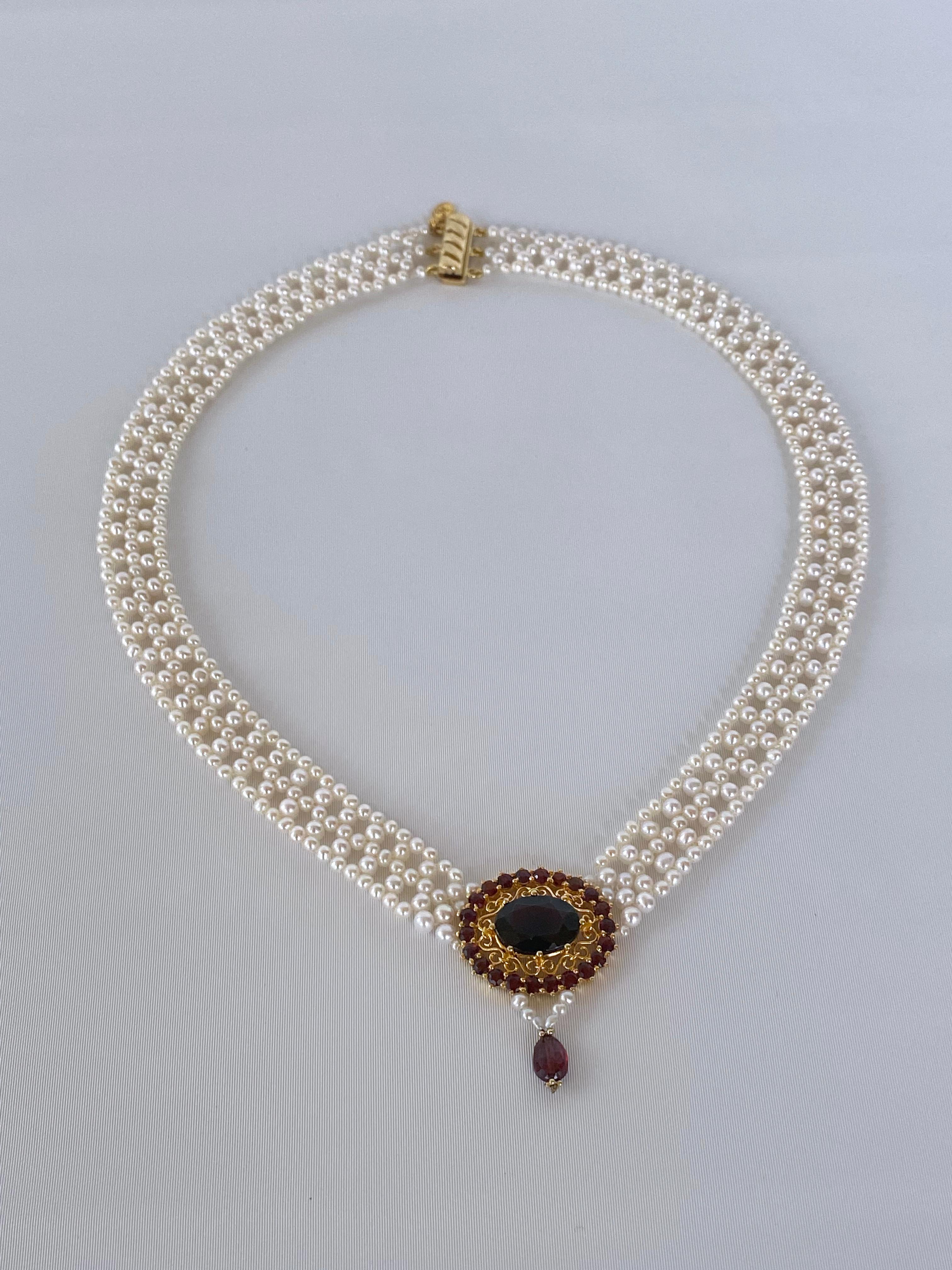 Marina J. Pearl Woven Necklace with Gold Plated Vintage Garnet Brooch 1