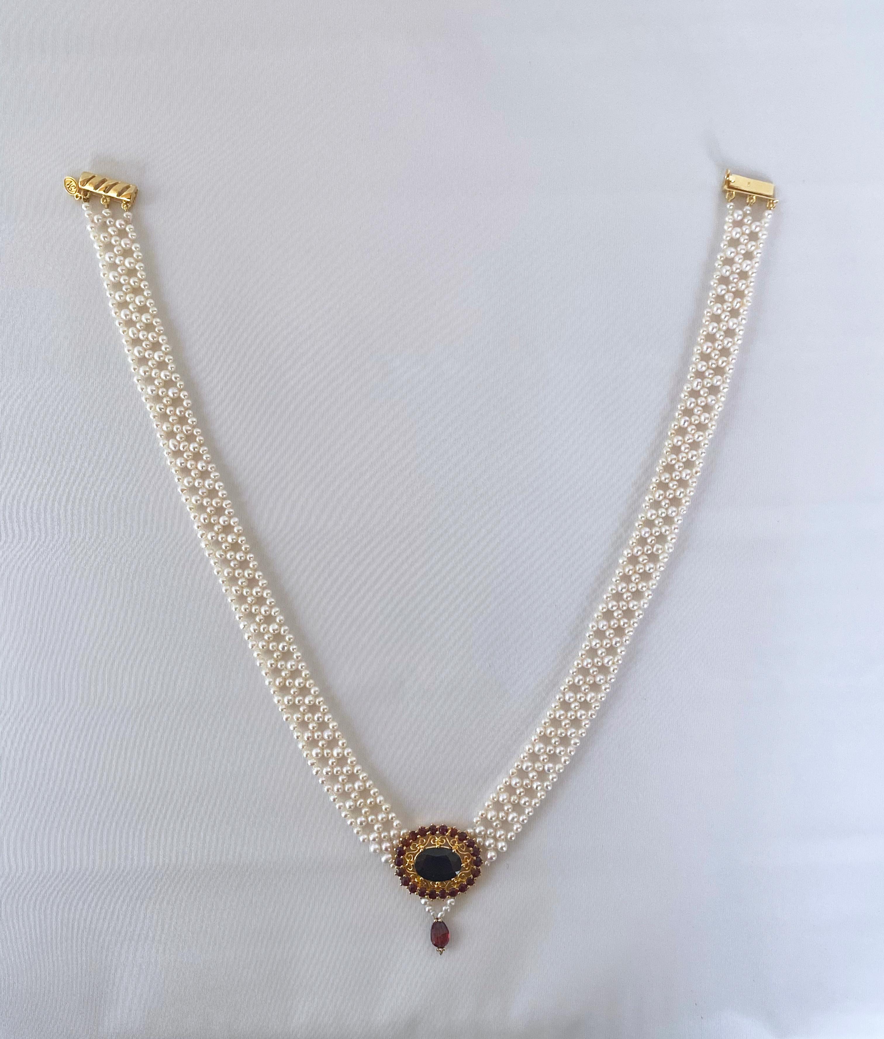Marina J. Pearl Woven Necklace with Gold Plated Vintage Garnet Brooch 2