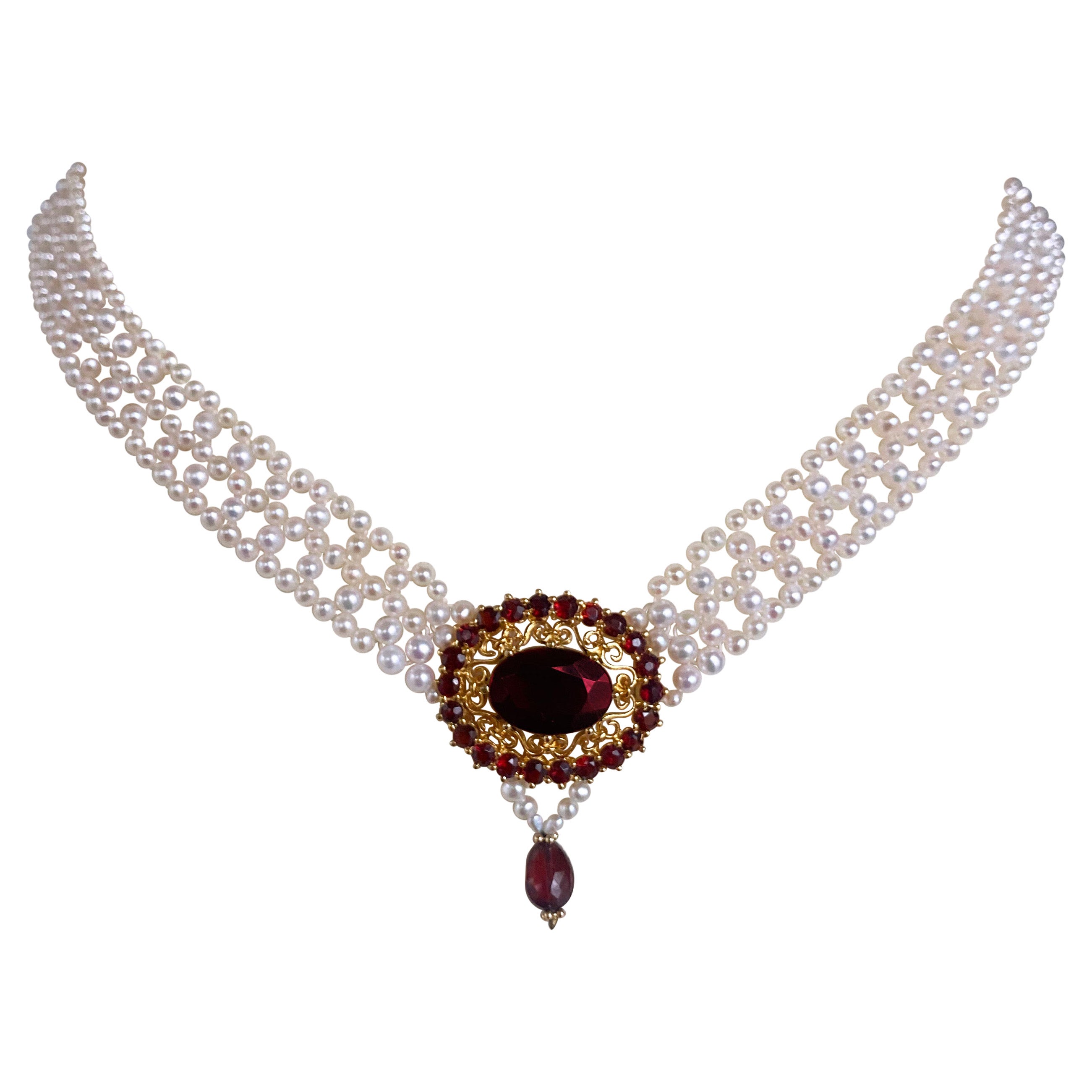 Marina J. Pearl Woven Necklace with Gold Plated Vintage Garnet Brooch