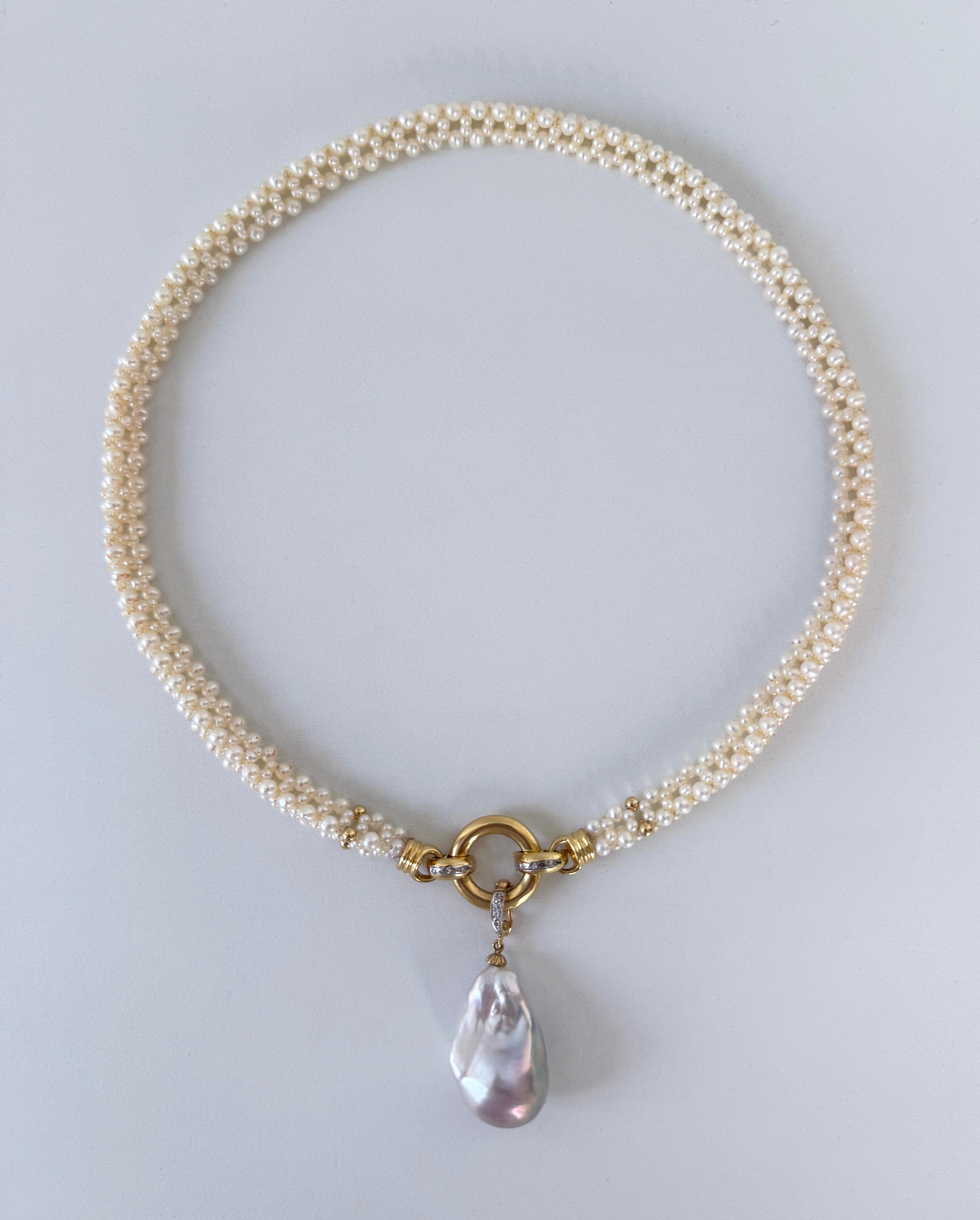 Marina J Collar de cuerda tejida con diamantes, oro macizo de 14k y perla barroca en venta 5