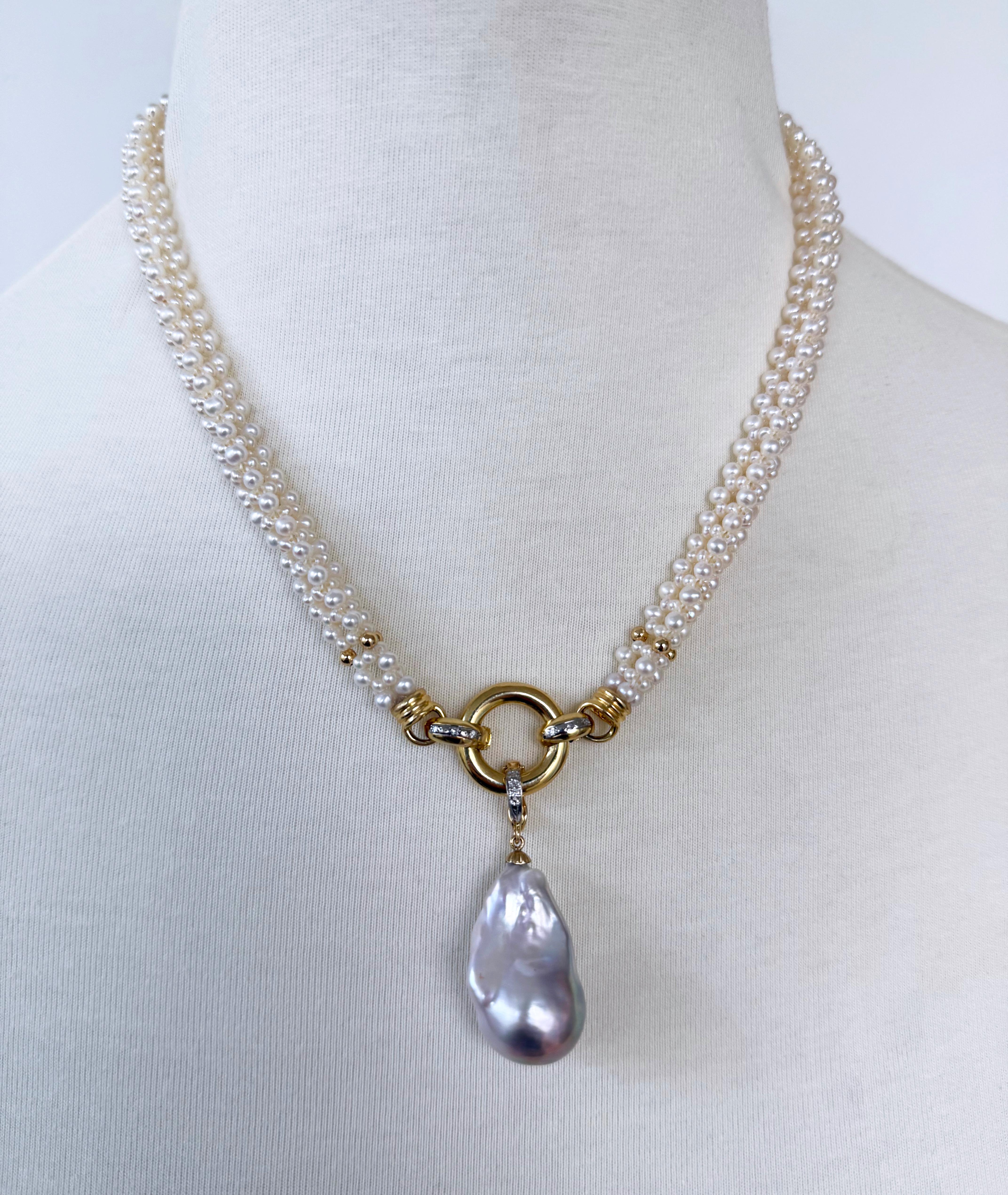 Stunning One of A Kind Necklace by Marina J. 
This Necklace is made with Seed Pearls intricately woven together into a triangular rope band displaying a fine Lace like design. Measuring 17.25 inches long, each end of this Necklace meet at Solid 14k