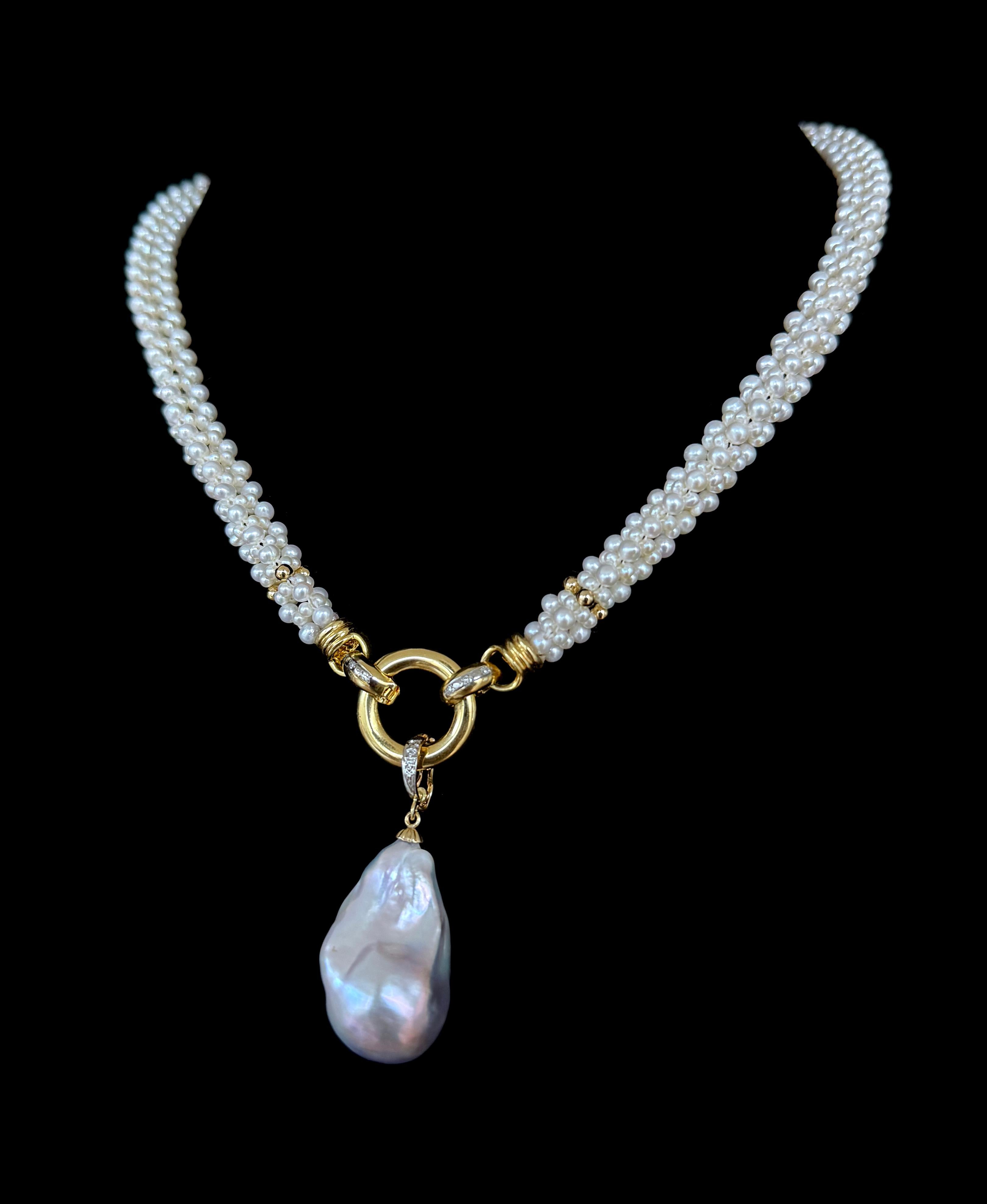 Artisan Marina J Pearl Woven Rope Necklace with Diamonds, Solid 14k Gold & Baroque Pearl For Sale