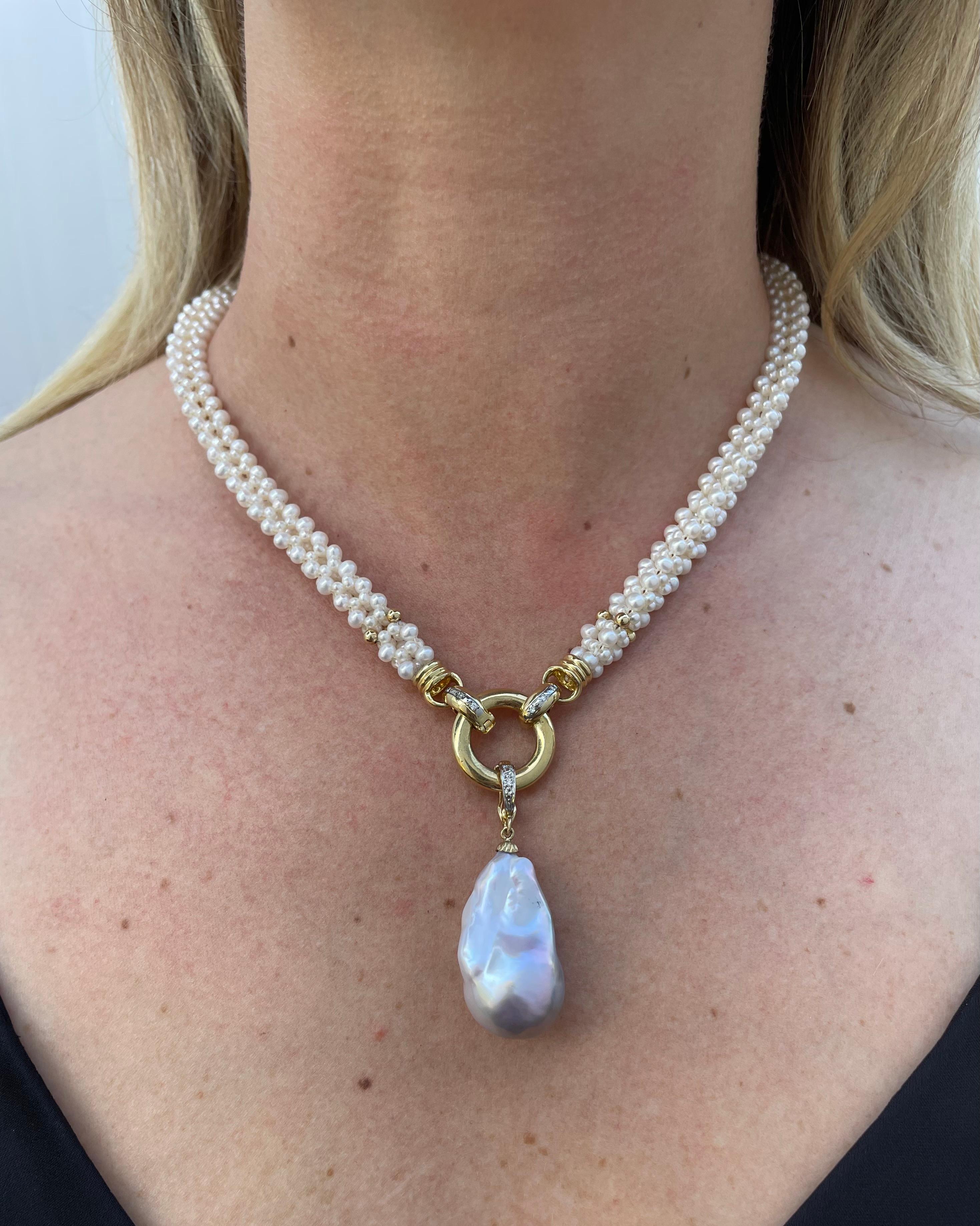 Marina J Collar de cuerda tejida con diamantes, oro macizo de 14k y perla barroca Artesano en venta