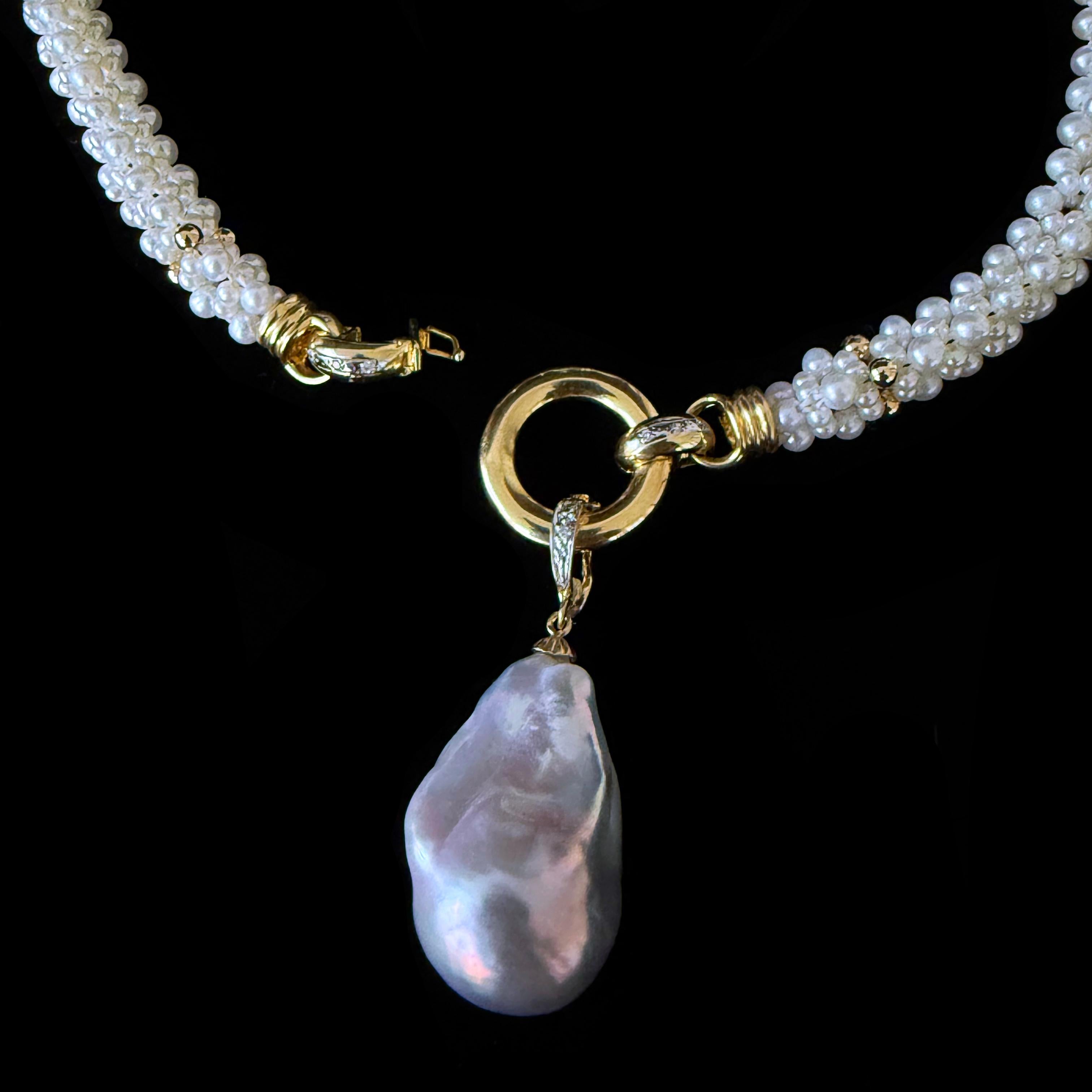 Cushion Cut Marina J Pearl Woven Rope Necklace with Diamonds, Solid 14k Gold & Baroque Pearl For Sale