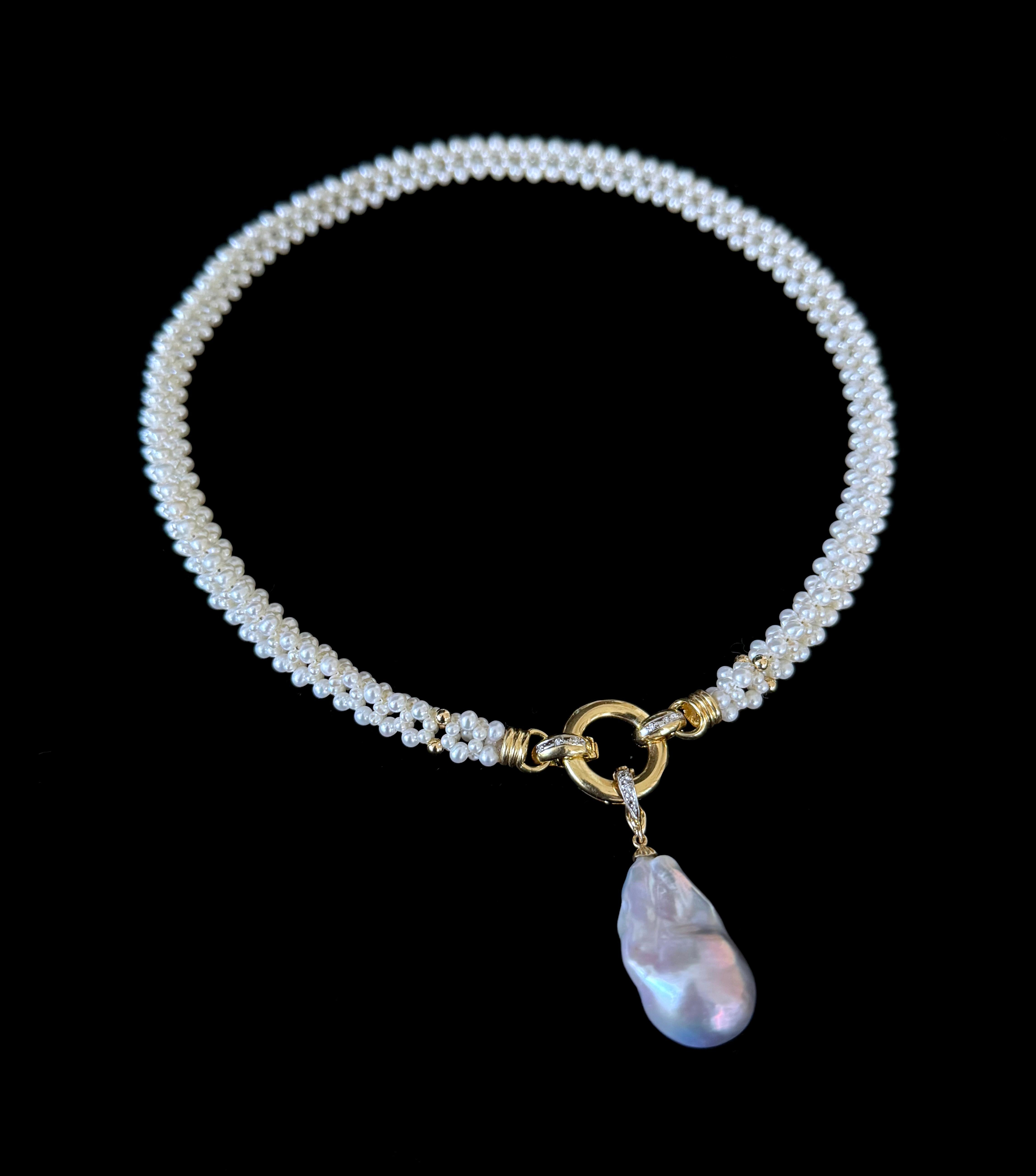Marina J Pearl Woven Rope Necklace with Diamonds, Solid 14k Gold & Baroque Pearl In New Condition For Sale In Los Angeles, CA