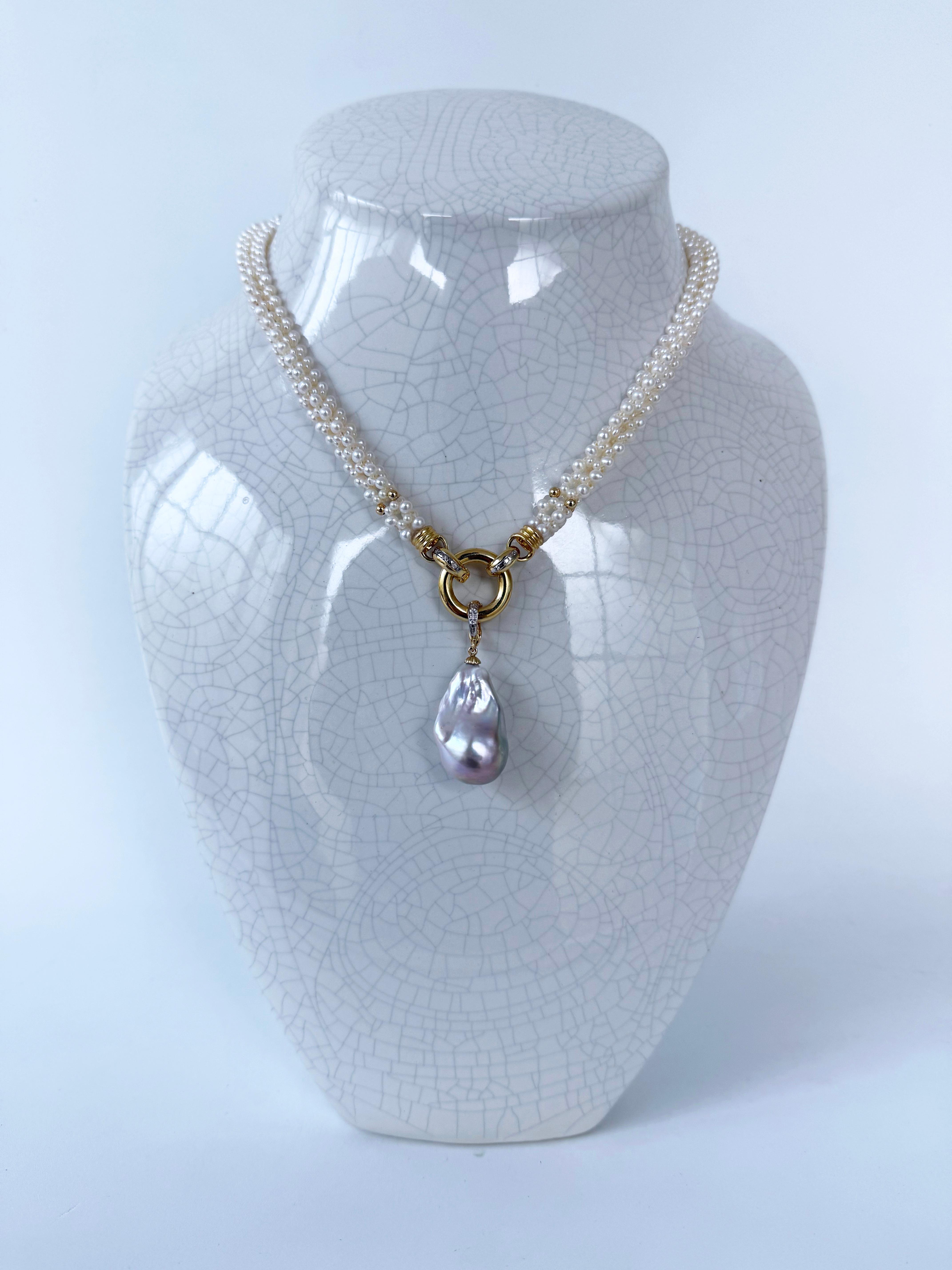 Women's Marina J Pearl Woven Rope Necklace with Diamonds, Solid 14k Gold & Baroque Pearl For Sale