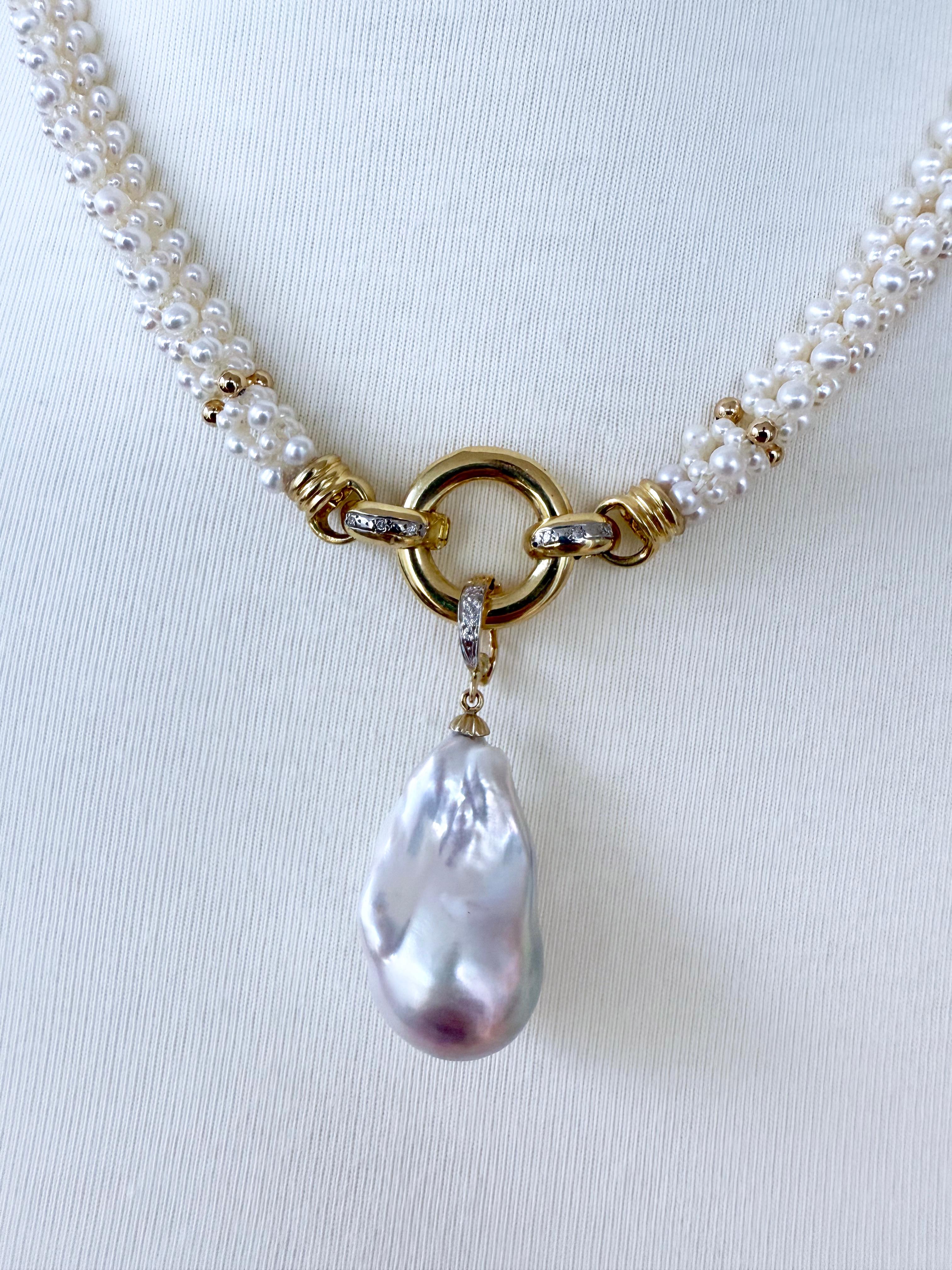 Marina J Pearl Woven Rope Necklace with Diamonds, Solid 14k Gold & Baroque Pearl For Sale 1