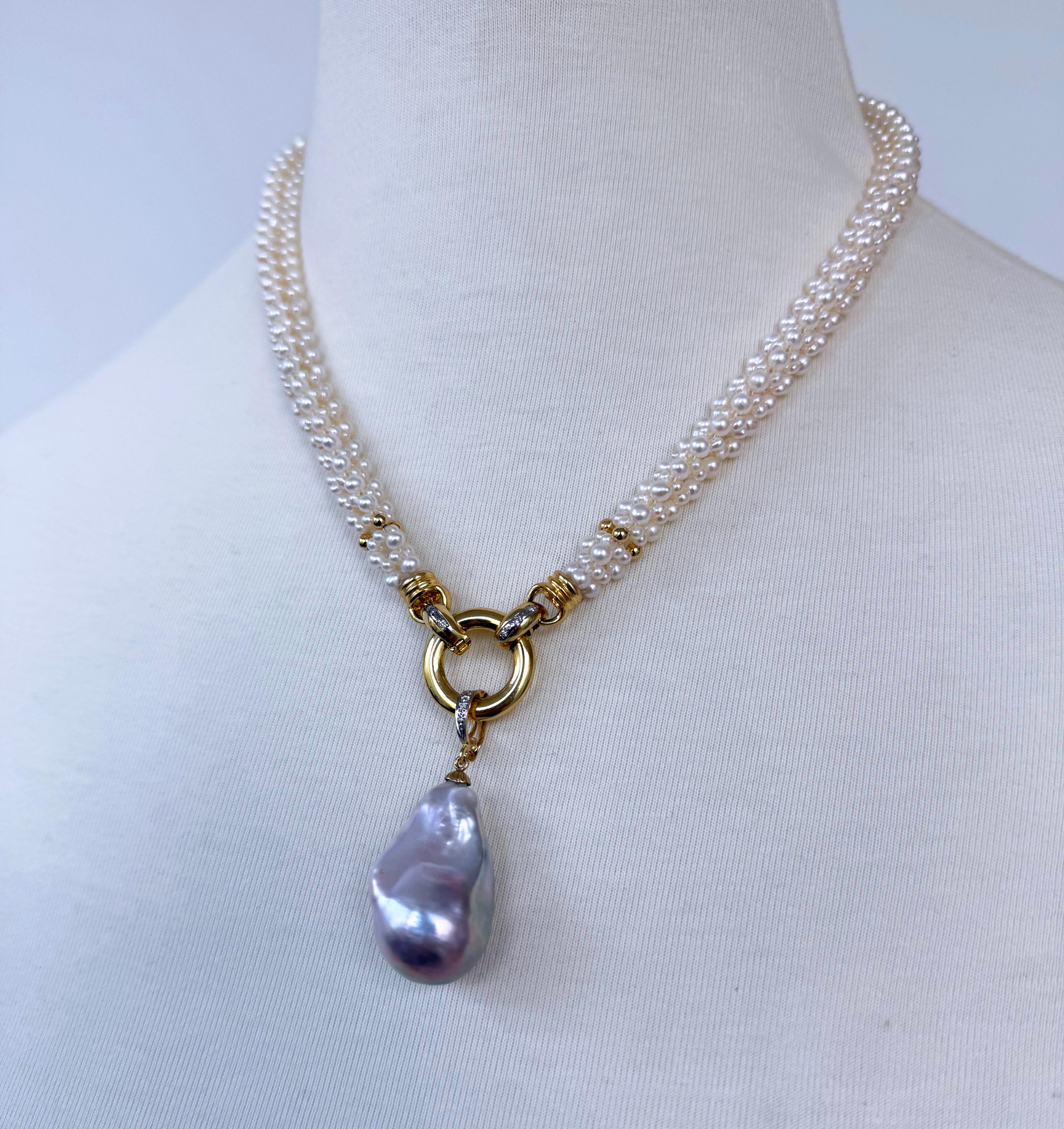 Marina J Pearl Woven Rope Necklace with Diamonds, Solid 14k Gold & Baroque Pearl For Sale 2
