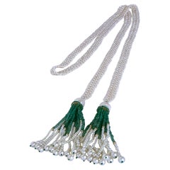 Marina J. Pearl Woven Sautoir with Graduated 14k and Emerald Tassels
