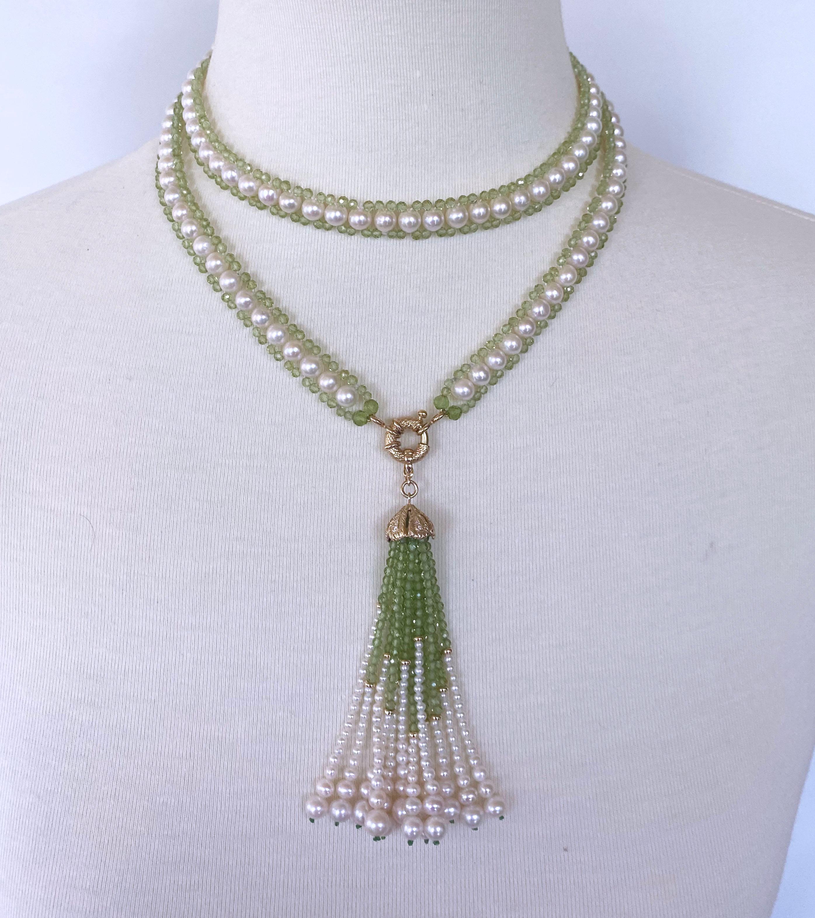 Artisan Marina J. Peridot and Pearl Woven Sautoir with 14k Diamond Encrusted Tassel  For Sale