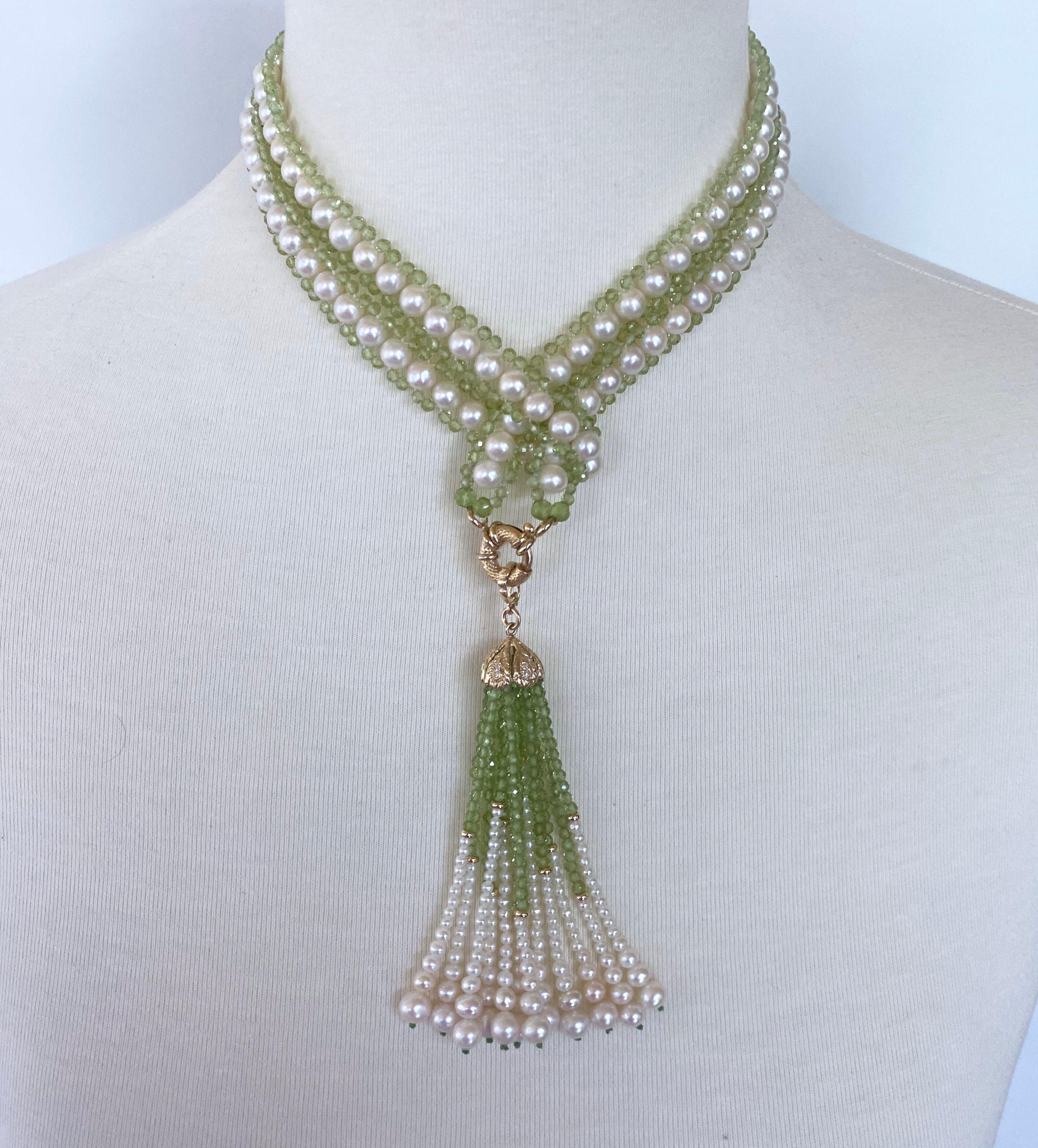 Bead Marina J. Peridot and Pearl Woven Sautoir with 14k Diamond Encrusted Tassel  For Sale