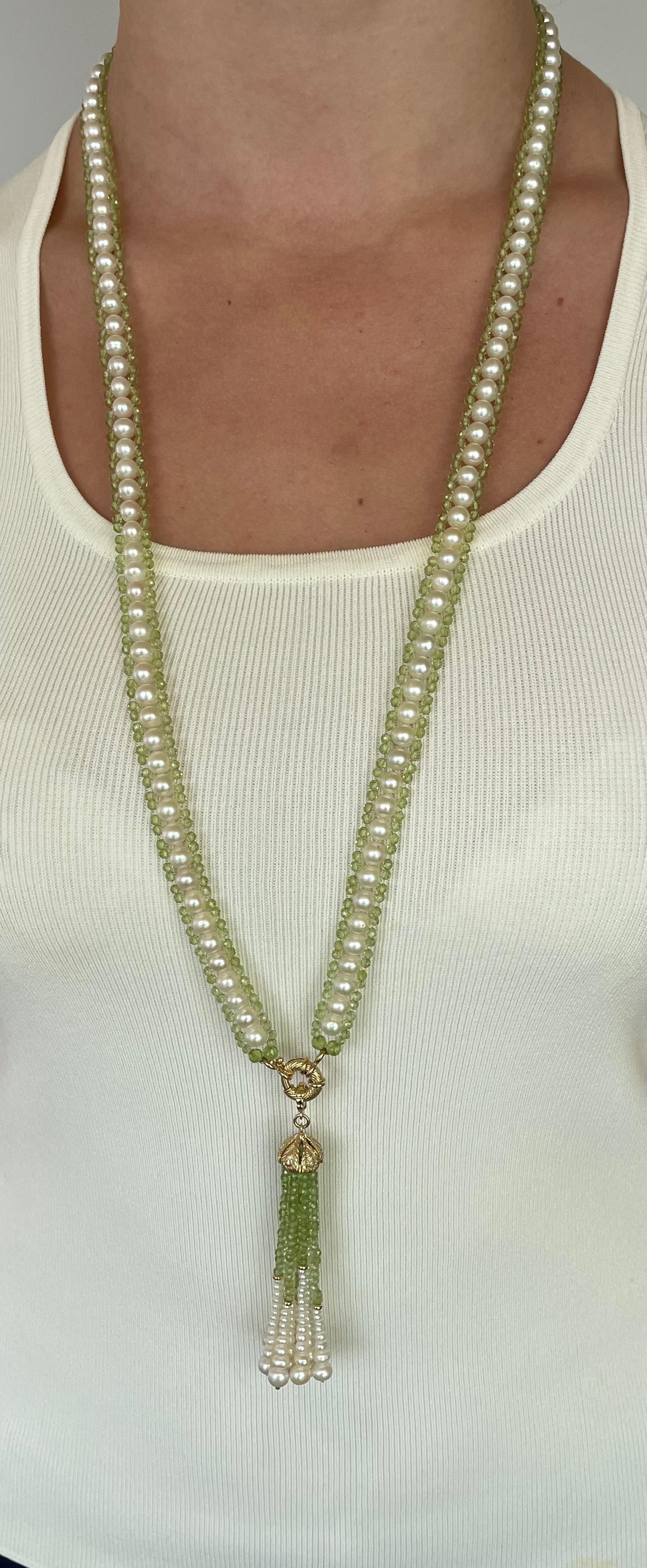 Marina J. Peridot and Pearl Woven Sautoir with 14k Diamond Encrusted Tassel  In New Condition For Sale In Los Angeles, CA