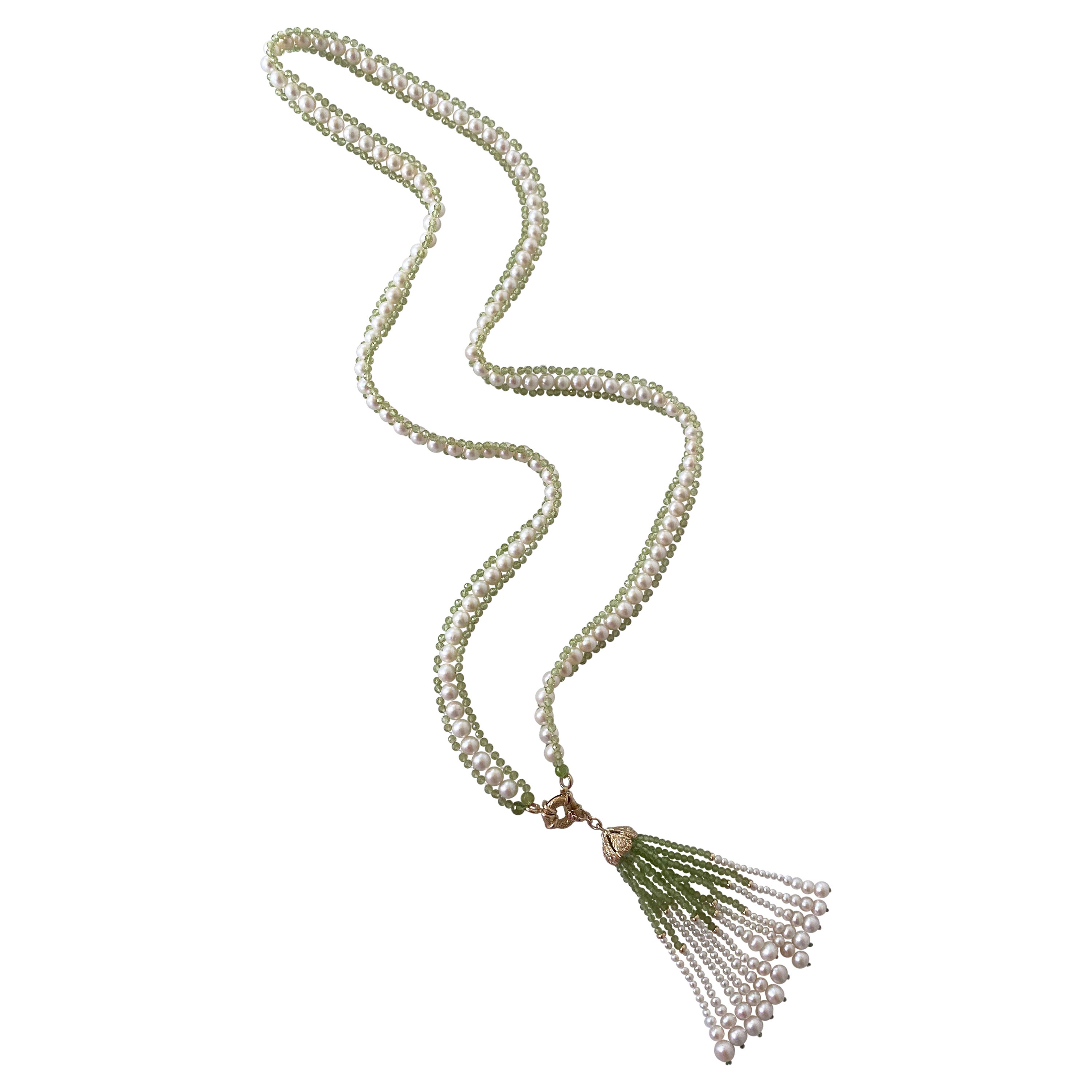 Marina J. Sautoir intrecciato con peridoto e perle e nappina incrostata di diamanti 14k in vendita