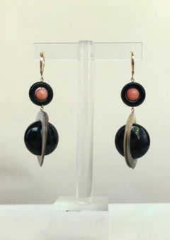 Marina J. Pink Coral, Black Onyx, Mother of Pearl Earrings with 14k Yellow Gold