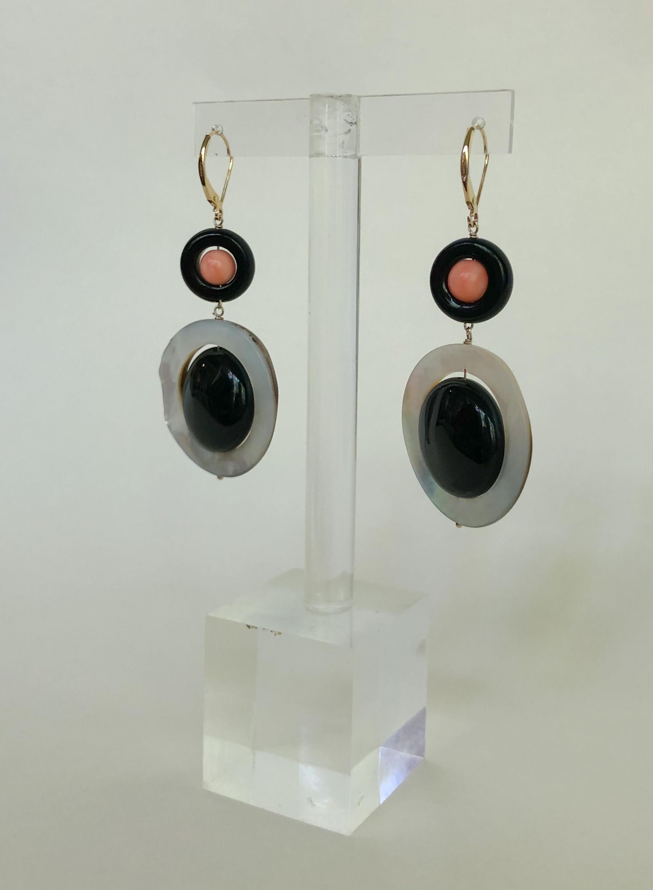 Art Deco Marina J. Pink Coral, Black Onyx, Mother of Pearl Earrings with 14k Yellow Gold For Sale