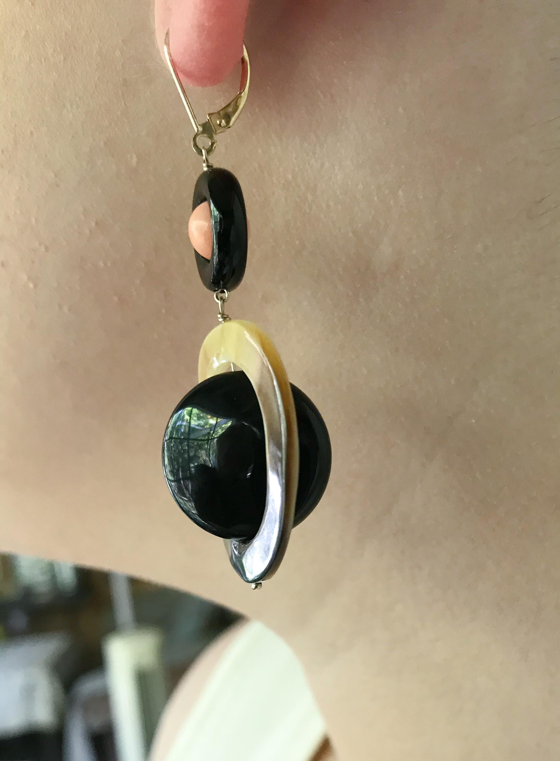 Brilliant Cut Marina J. Pink Coral, Black Onyx, Mother of Pearl Earrings with 14k Yellow Gold For Sale