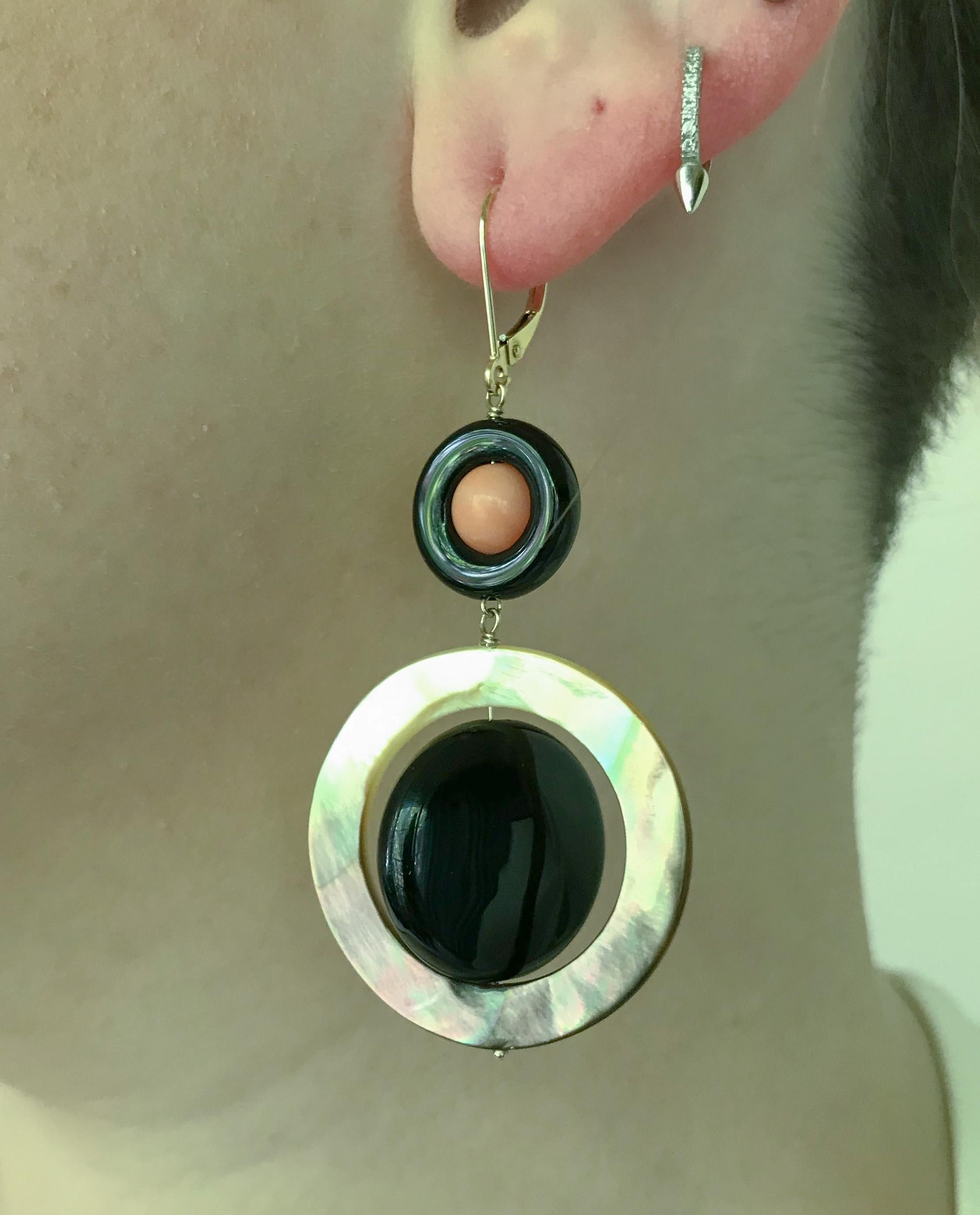 Marina J. Pink Coral, Black Onyx, Mother of Pearl Earrings with 14k Yellow Gold In New Condition For Sale In Los Angeles, CA