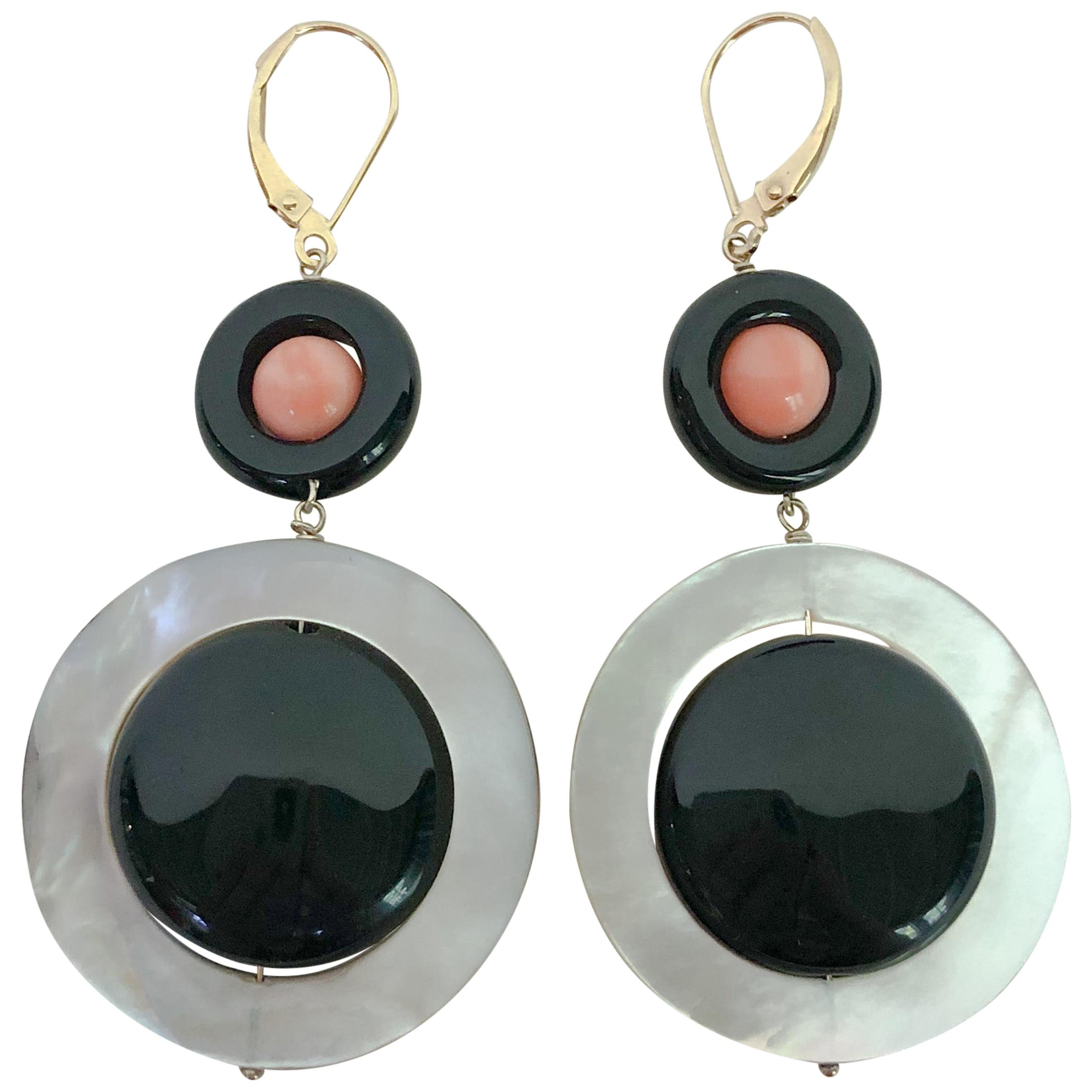 Marina J. Pink Coral, Black Onyx, Mother of Pearl Earrings with 14k Yellow Gold
