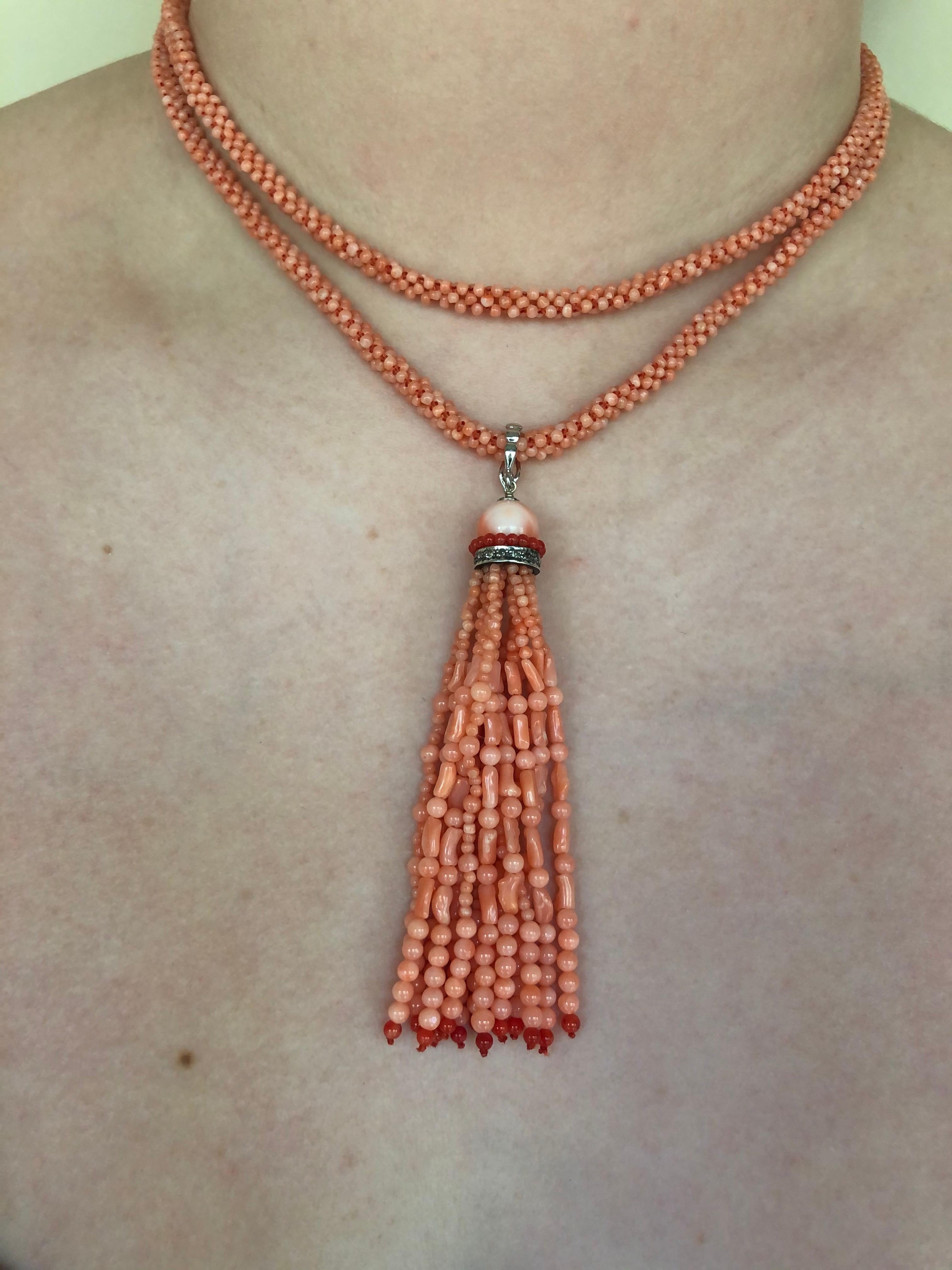 Marina J. Pink Coral Necklace with Two-Tone Coral Diamond Encrusted Tassel 5