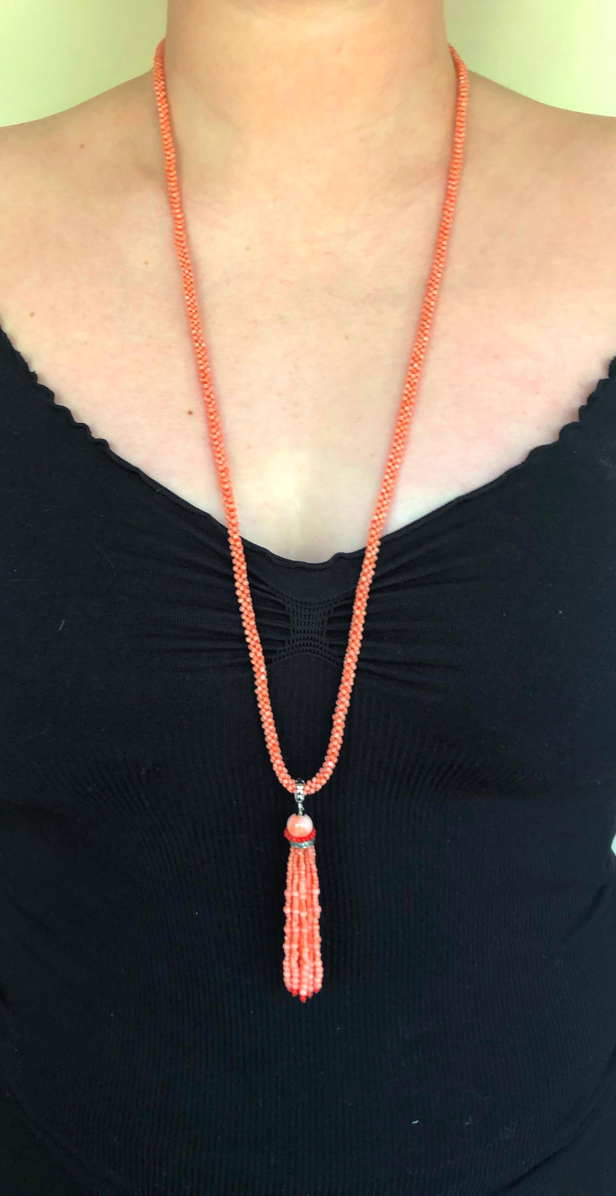Marina J. Pink Coral Necklace with Two-Tone Coral Diamond Encrusted Tassel 3