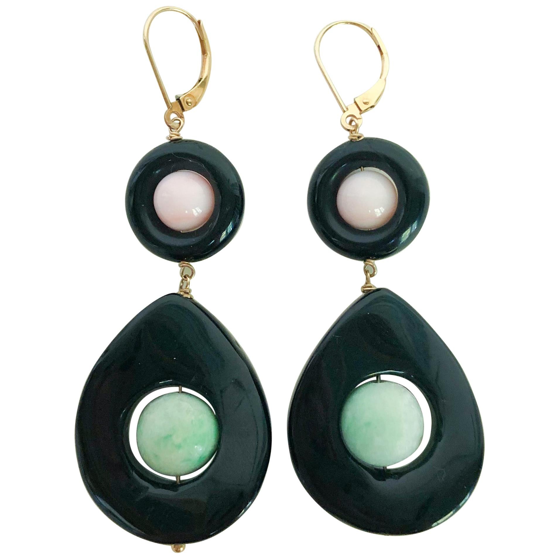 SemiRound Pearl and Onyx Drop Earrings Set in 14 Karat with Omega
