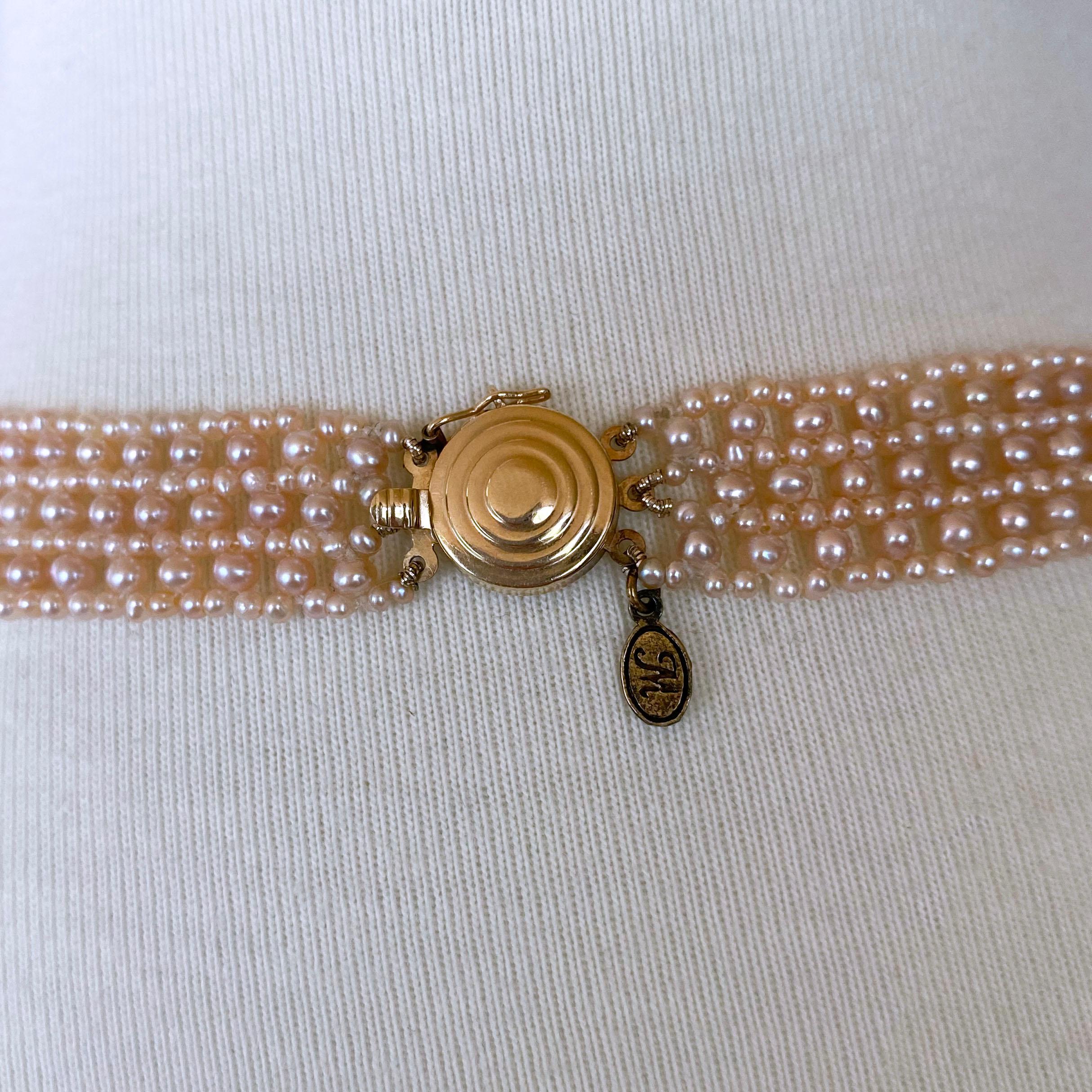 Bead Marina J. Pink Pearl Woven 'V' Necklace with 14k Gold Clasp & Vintage Brooch