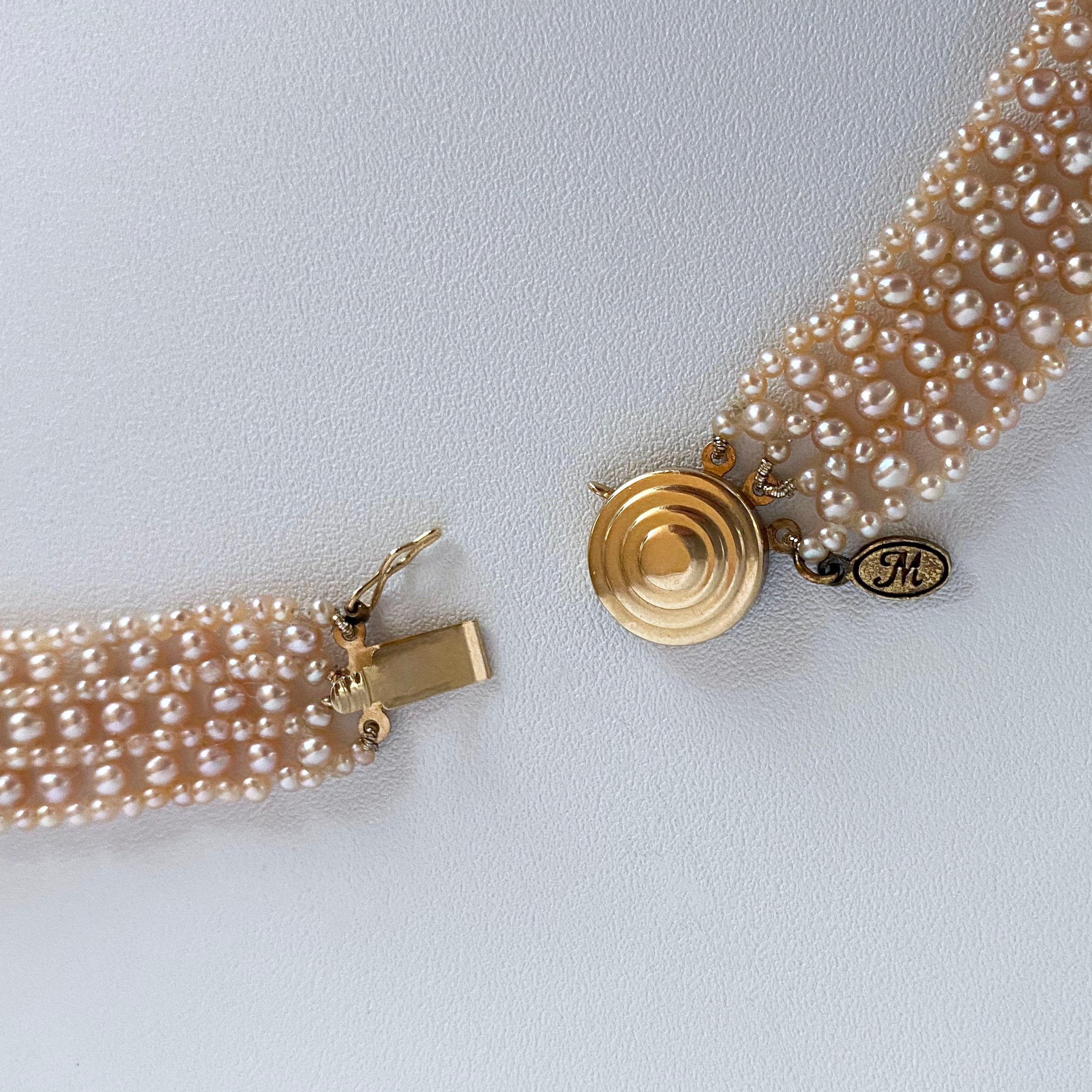 Marina J. Pink Pearl Woven 'V' Necklace with 14k Gold Clasp & Vintage Brooch In New Condition In Los Angeles, CA
