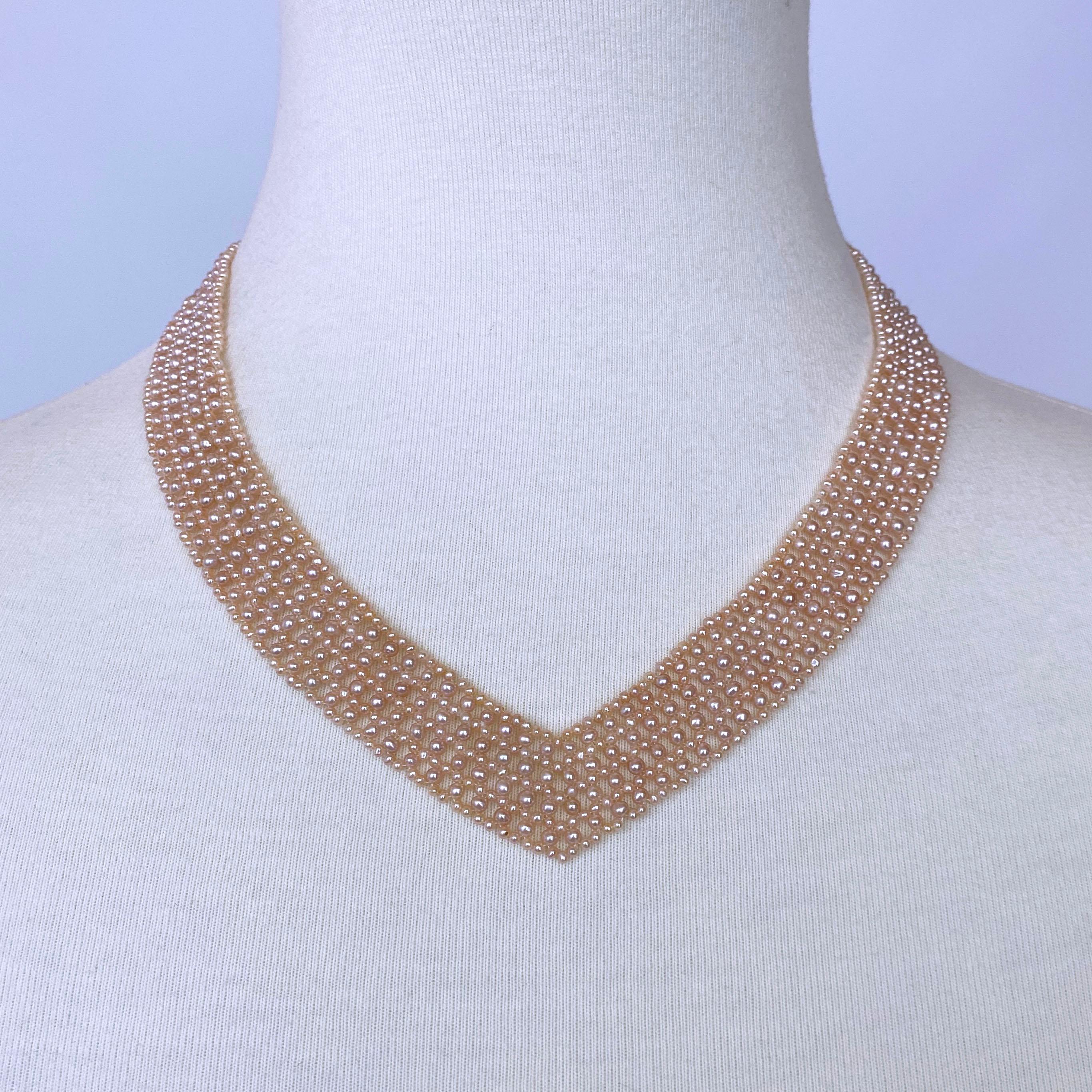 Marina J. Pink Pearl Woven 'V' Necklace with 14k Gold Clasp & Vintage Brooch 1