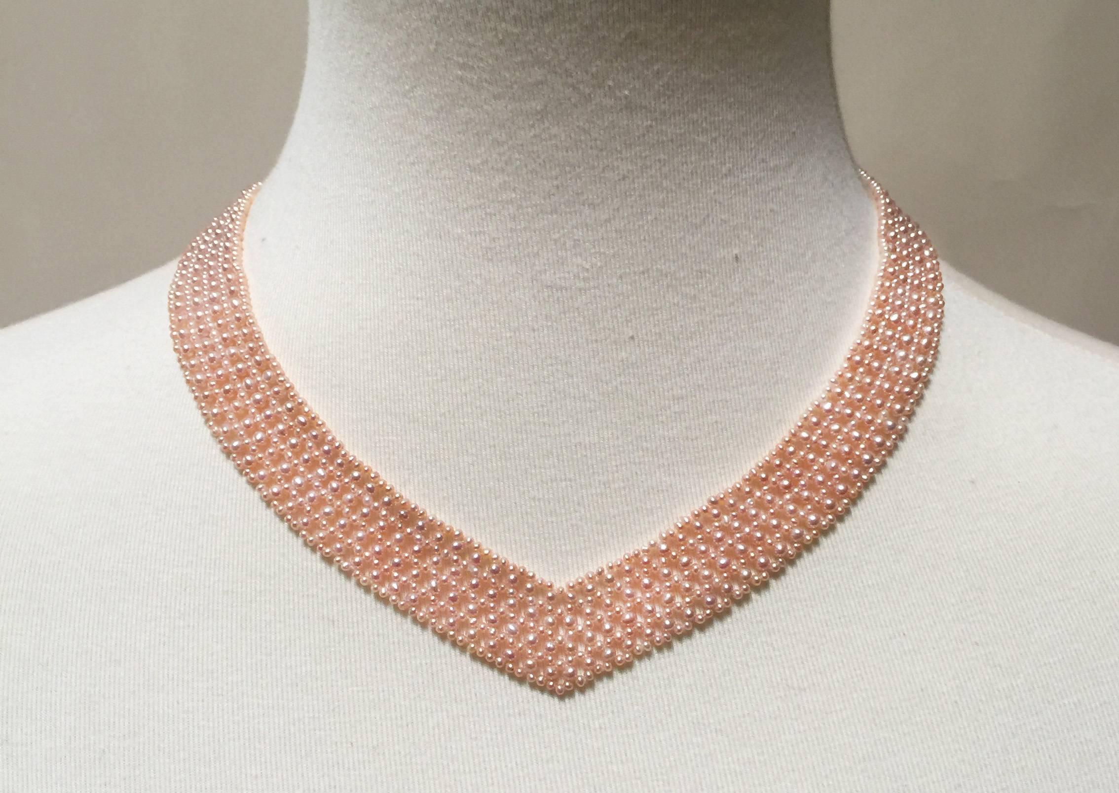 Marina J. Pink Pearl Woven 'V' Necklace with 14k Gold Clasp & Vintage Brooch 3