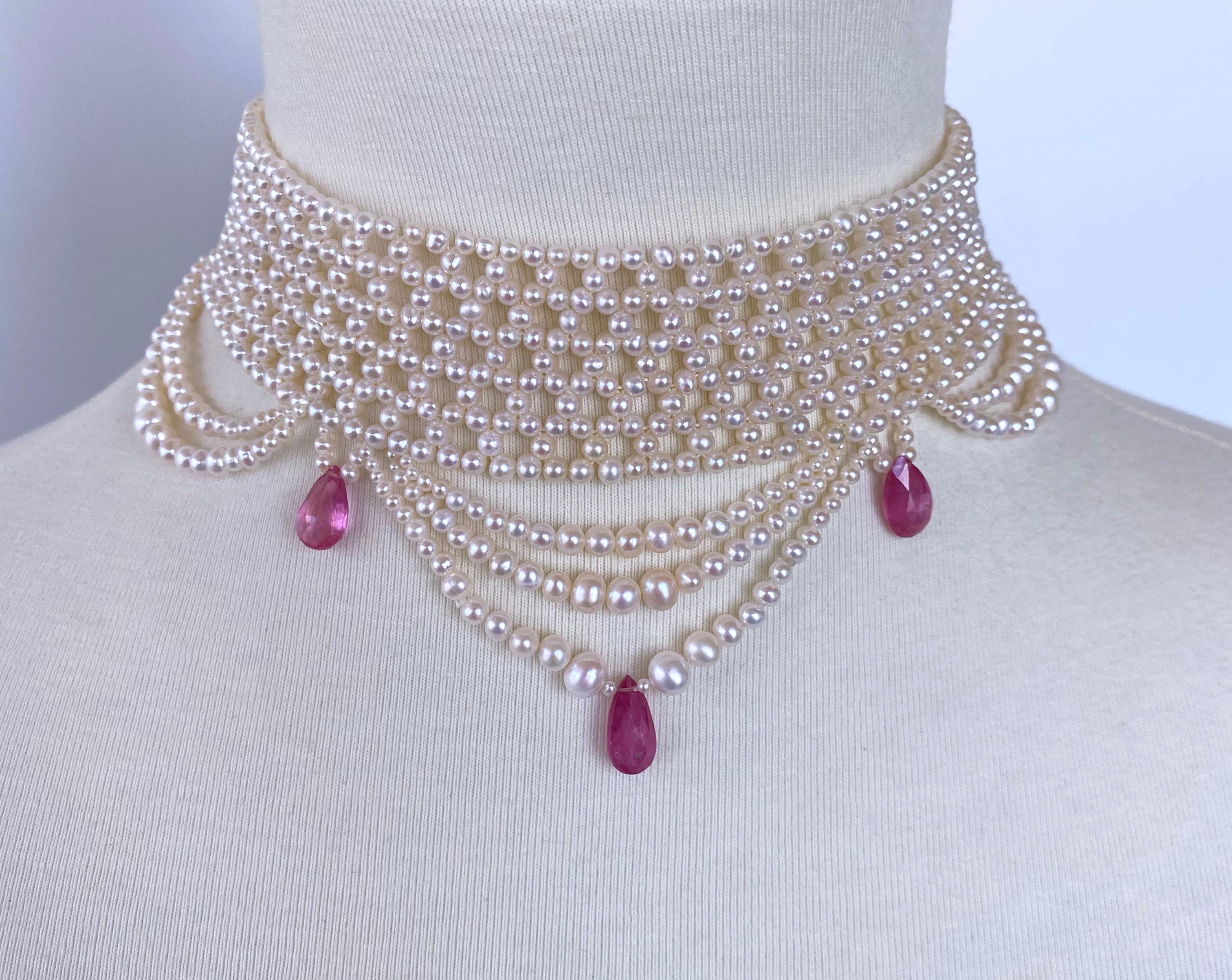 Edwardian Marina J. Pink Sapphire & Pearl Woven Choker with Rhodium Plated Silver Clasp For Sale