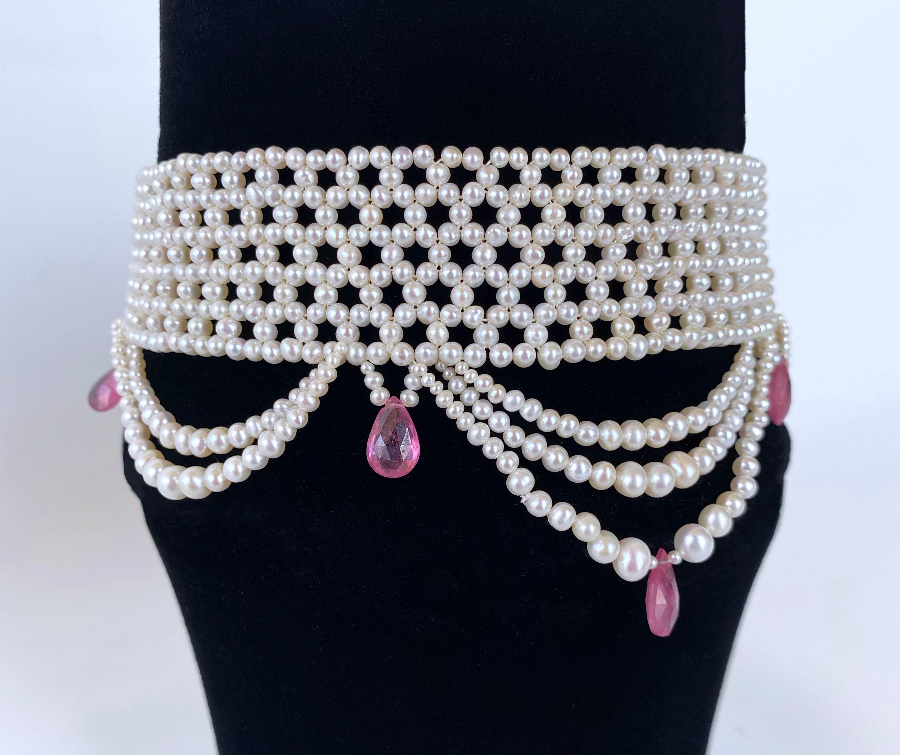 Briolette Cut Marina J. Pink Sapphire & Pearl Woven Choker with Rhodium Plated Silver Clasp For Sale