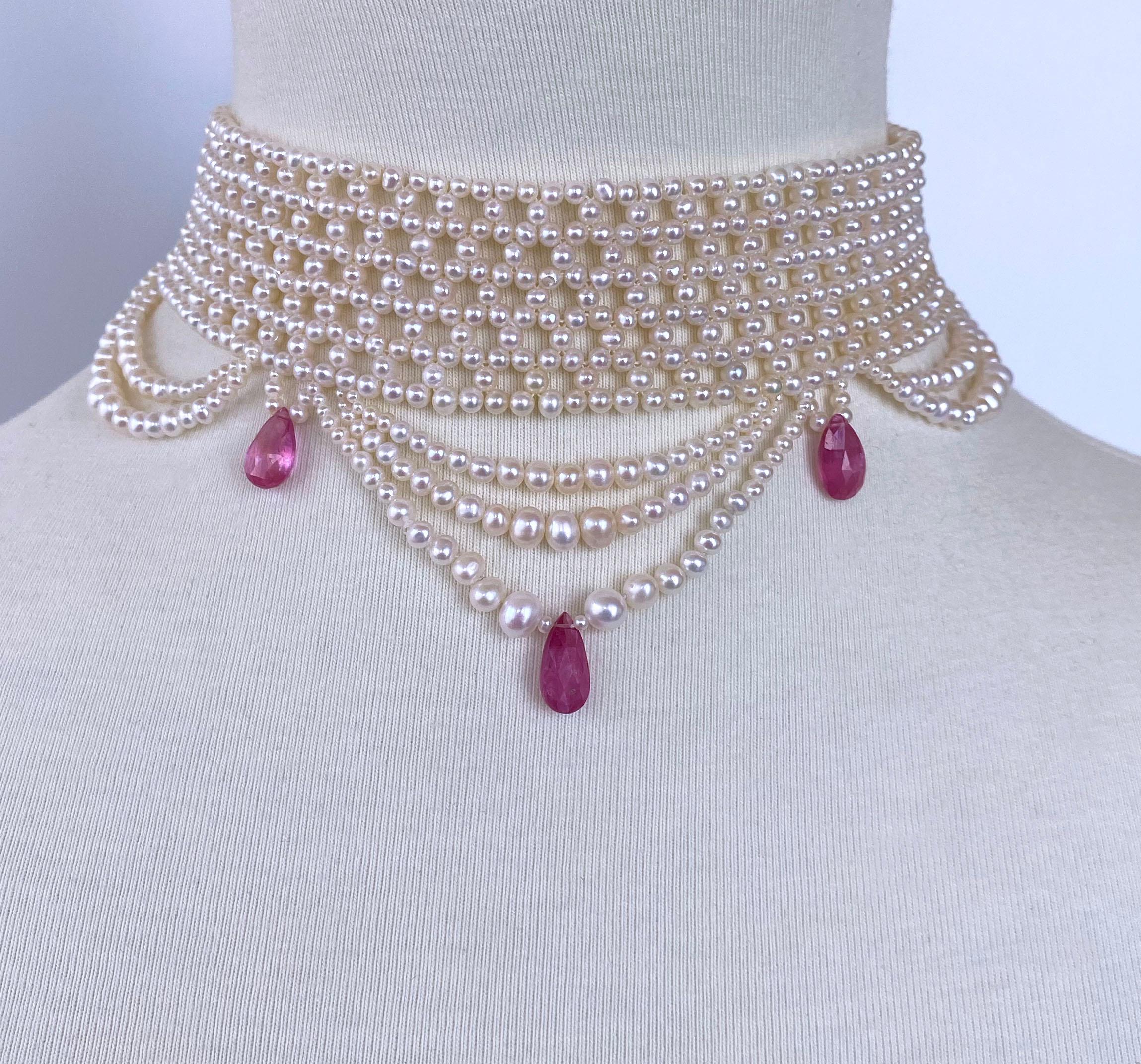 Marina J. Pink Sapphire & Pearl Woven Choker with Rhodium Plated Silver Clasp In New Condition For Sale In Los Angeles, CA