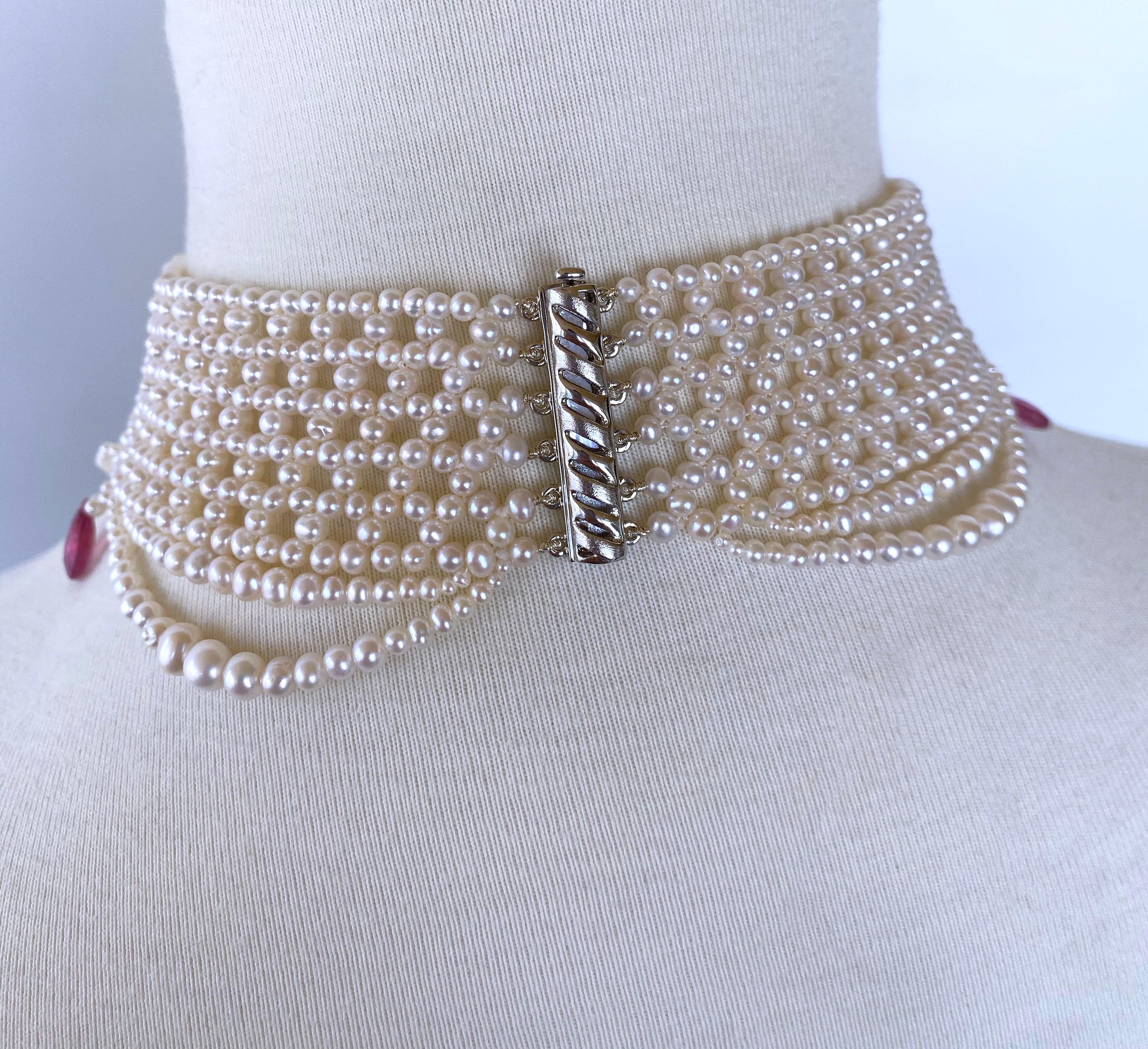 Women's Marina J. Pink Sapphire & Pearl Woven Choker with Rhodium Plated Silver Clasp For Sale