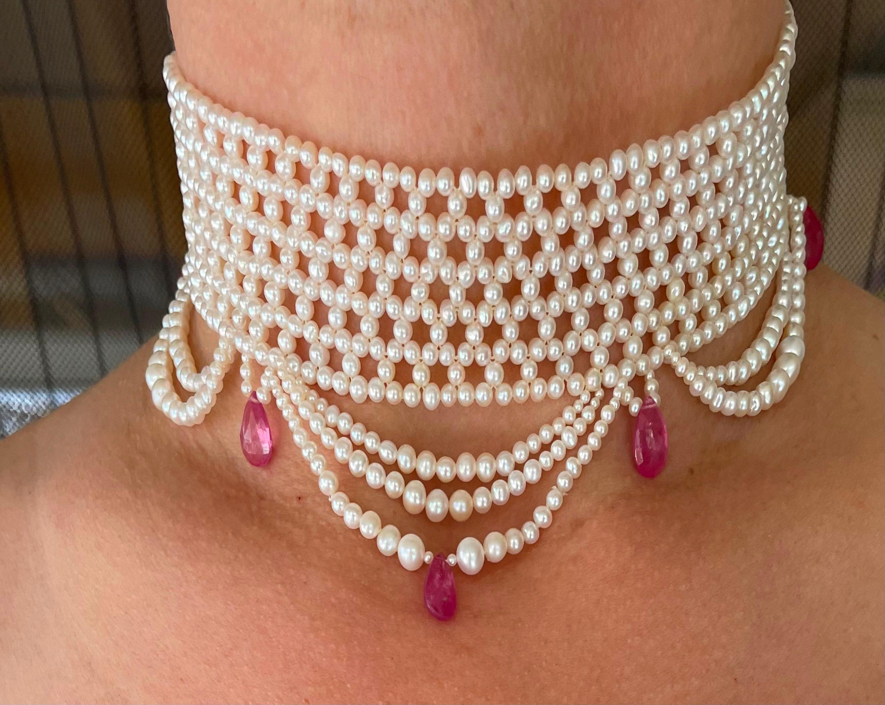Marina J. Pink Sapphire & Pearl Woven Choker with Rhodium Plated Silver Clasp For Sale 3