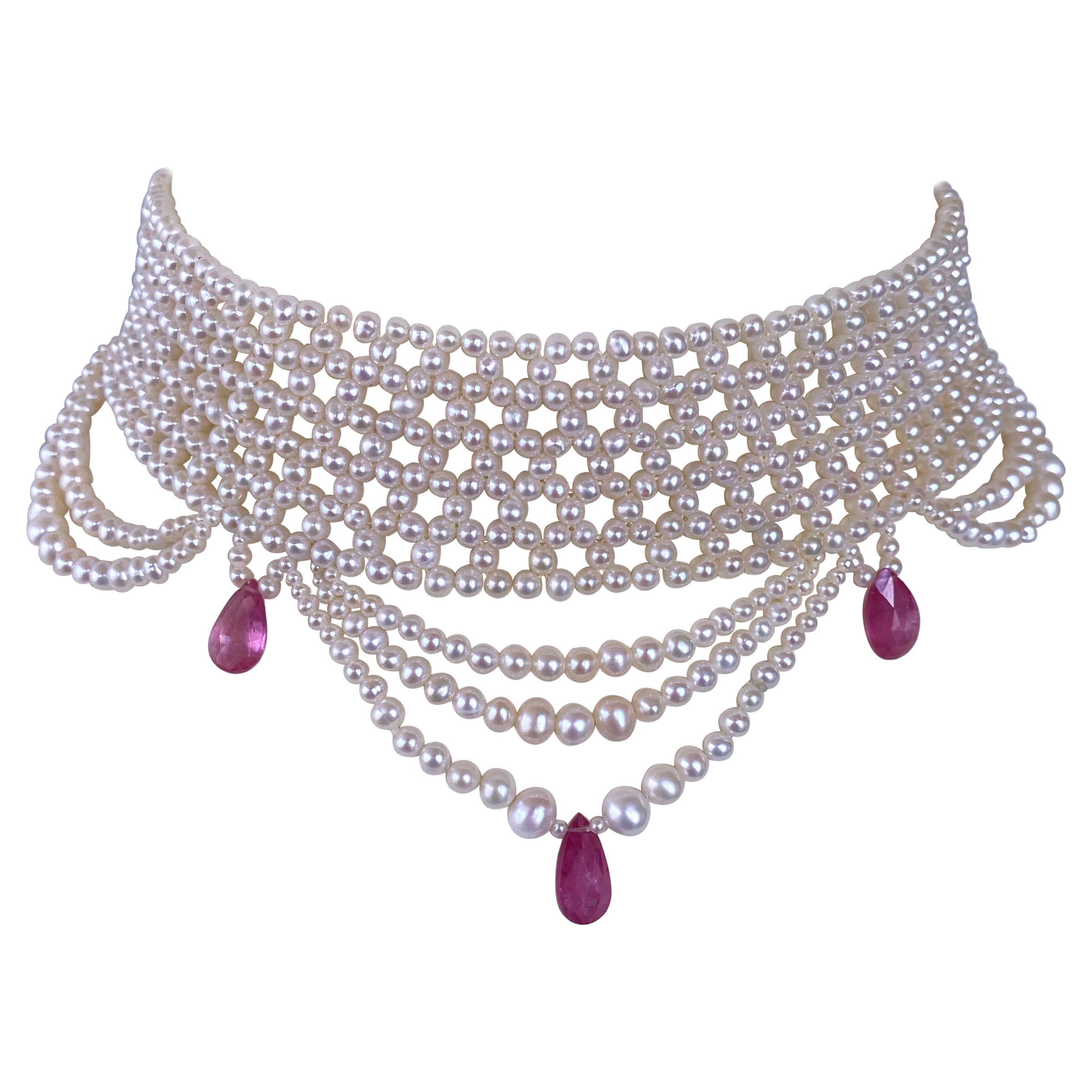 Marina J. Pink Sapphire 
Pearl Woven Choker with Rhodium Plated Silver Clasp